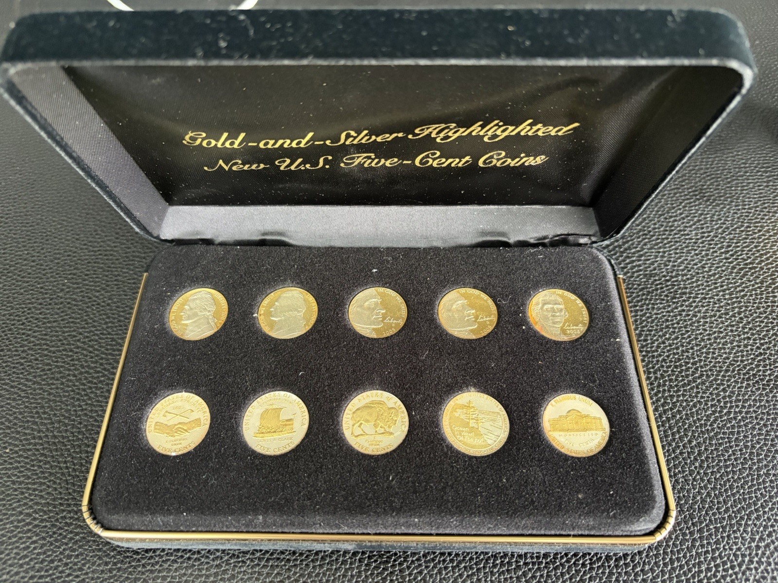 Gold & Silver Highlighted Jefferson Nickel Set 10 Coins Display Case Gift Set