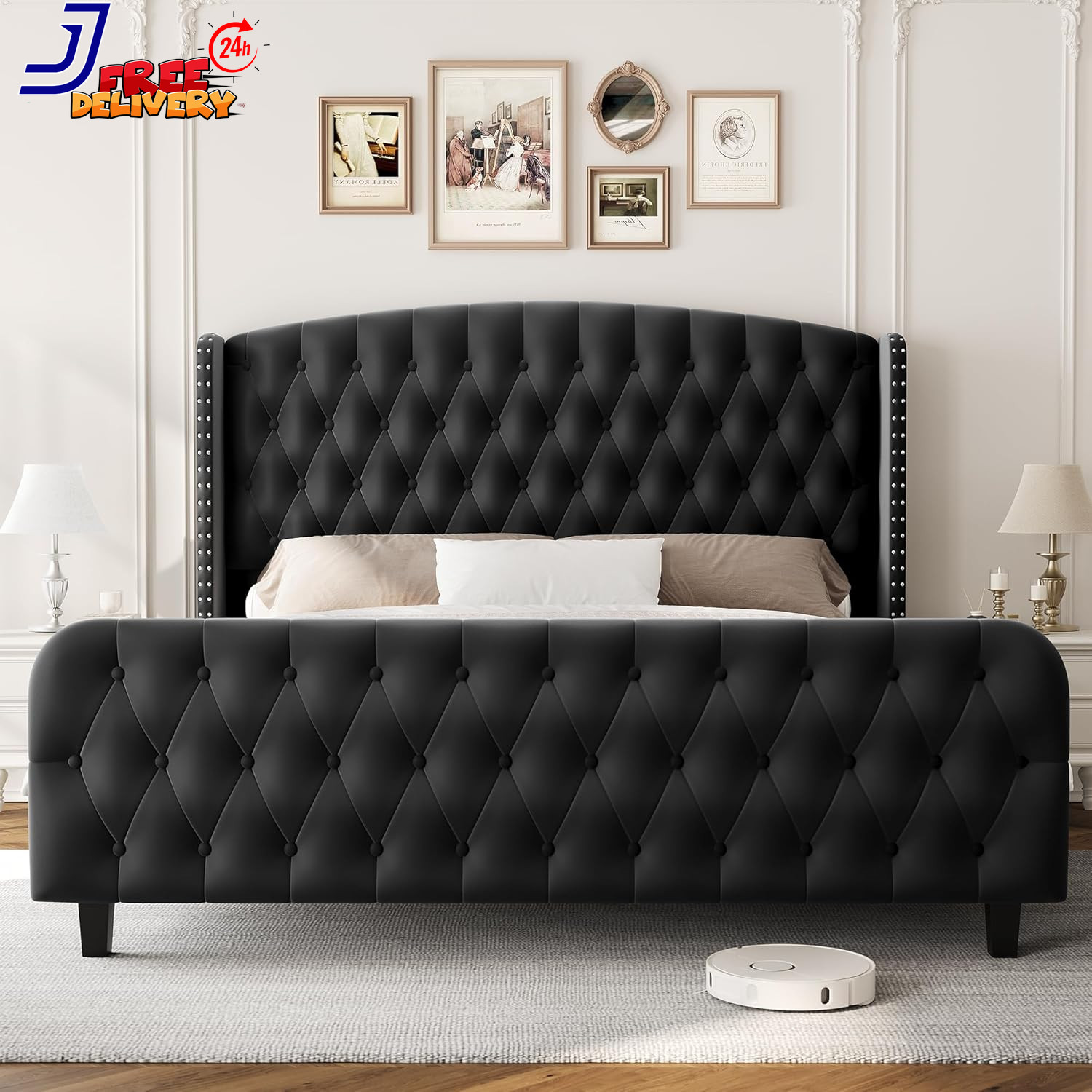 Chic 51" Tufted Suede Queen Bed Frame with Wingback & Nailhead Accent