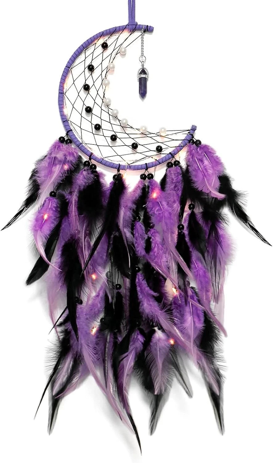 Dremisland Moon Dream Catcher with Fairy Lights-Handmade Purple&black