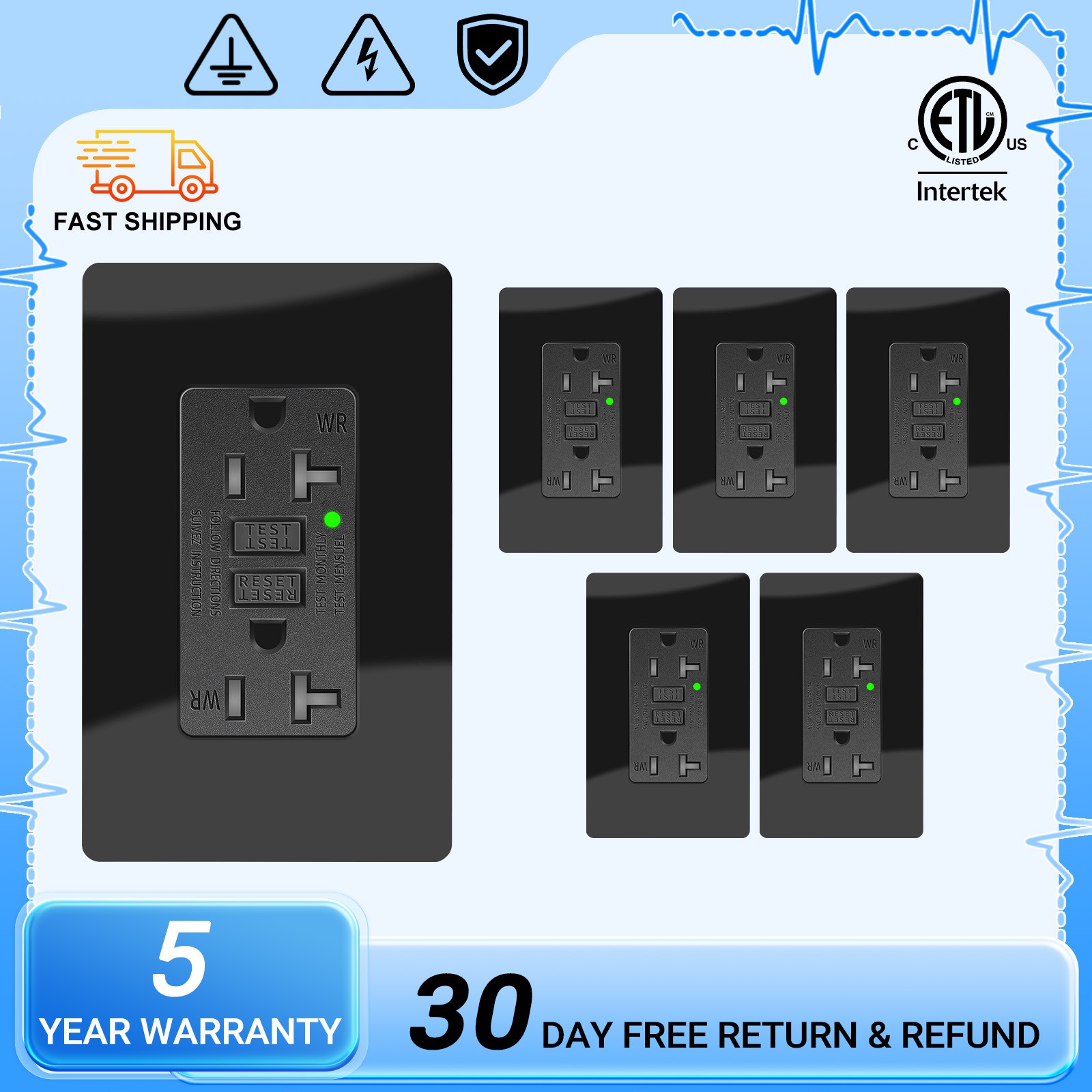 6PCS Black 20A GFCI Outlet Shock Protection WR TR ETL Listed LED Status Light