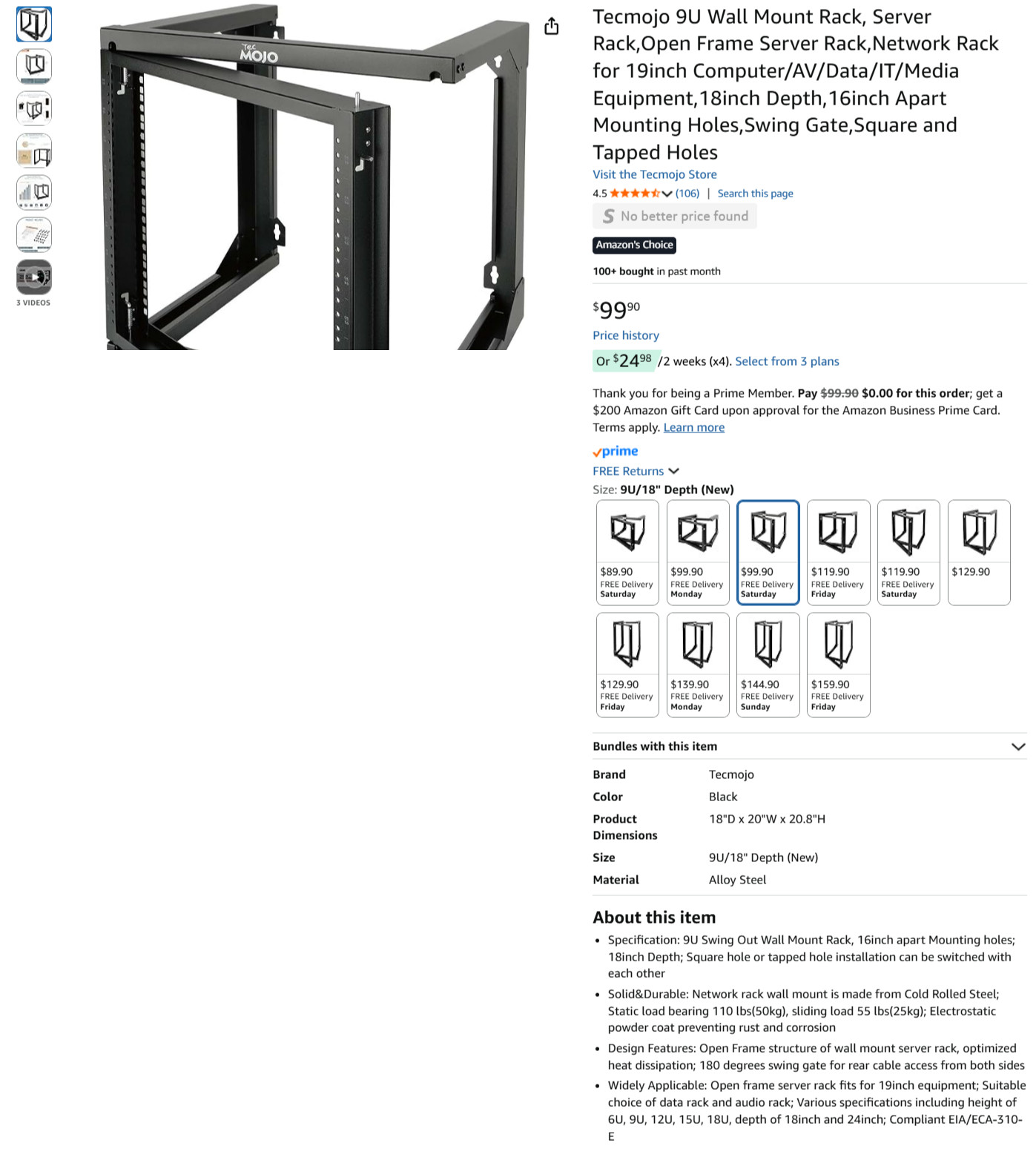 Tecmojo 9U Wall Mount Rack, Server Rack,Open Frame Server Rack,Network#2507JR7