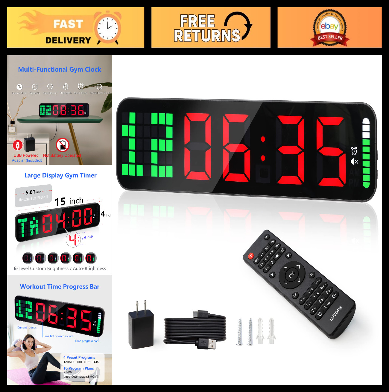 Large Digital Gym Timer Clock with Interval Progress Bar, Countdown Stopwatch, R
