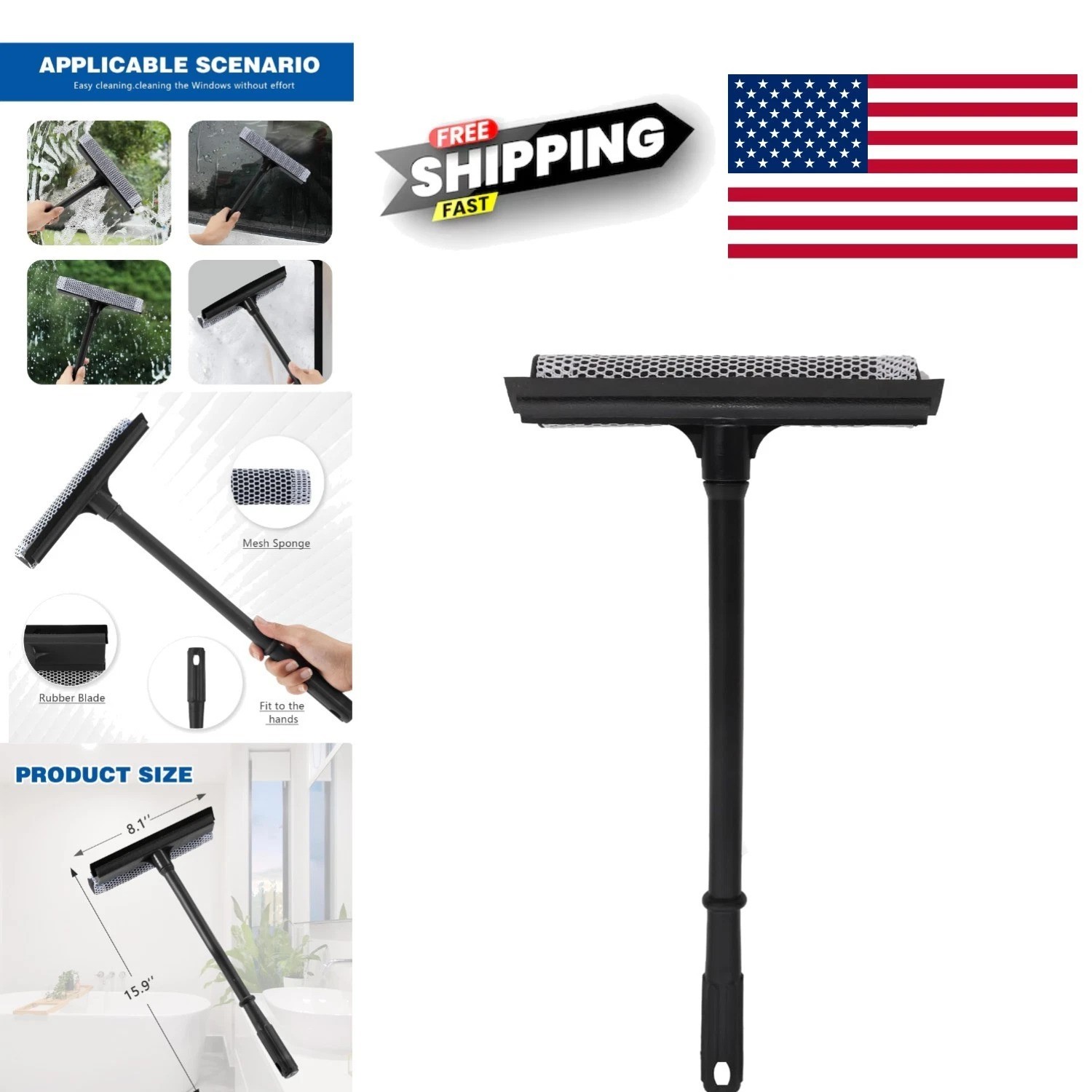 Window Squeegee 15.9 Inch Multi Use Cleaning Tool with Rubber Blade and Sponge
