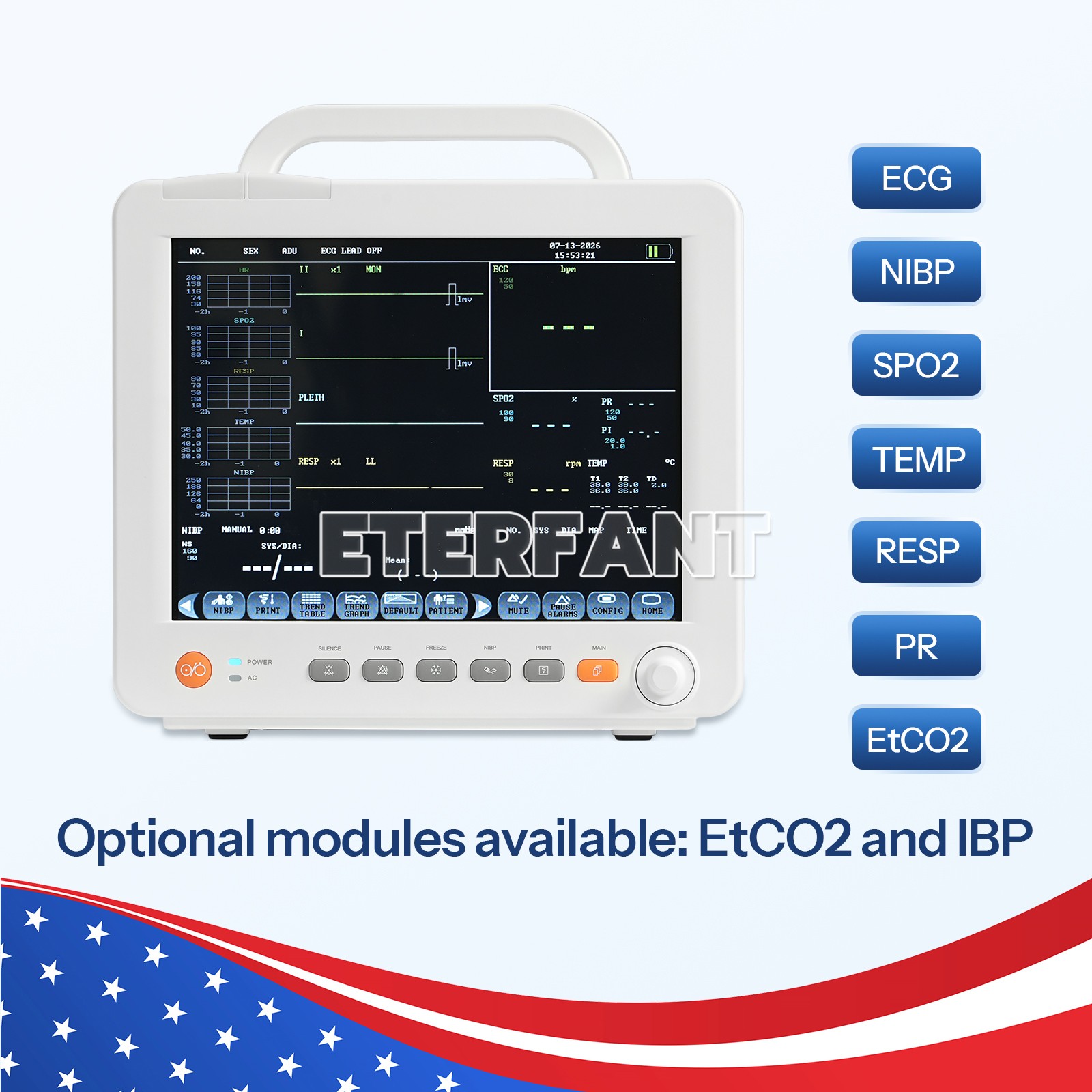 ENTERFANT 12" Modular Patient Monitor Vital Sign Optional Modules EtCO2 and IBP