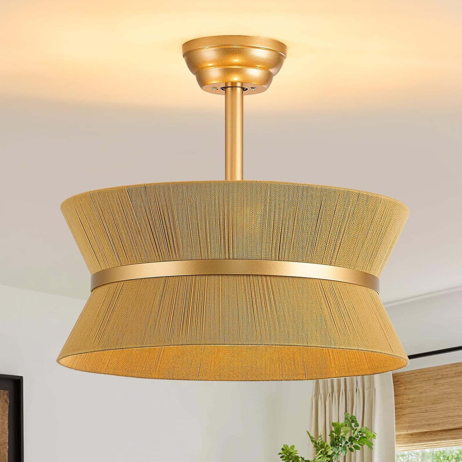 Boho Gold Caged Fandelier with Light & Remote for Home, 6 Speeds, Enclosed