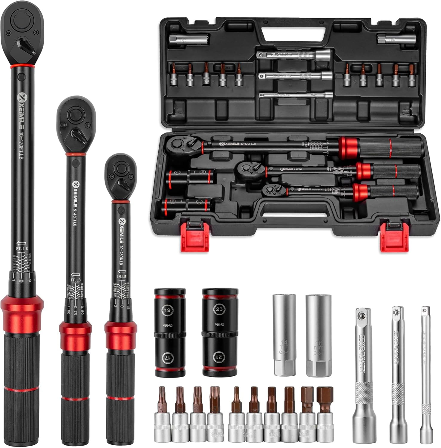 20Pcs 1/4 3/8 1/2-Inch Drive Click Torque Wrench Set for Car Moto | Inch Pound