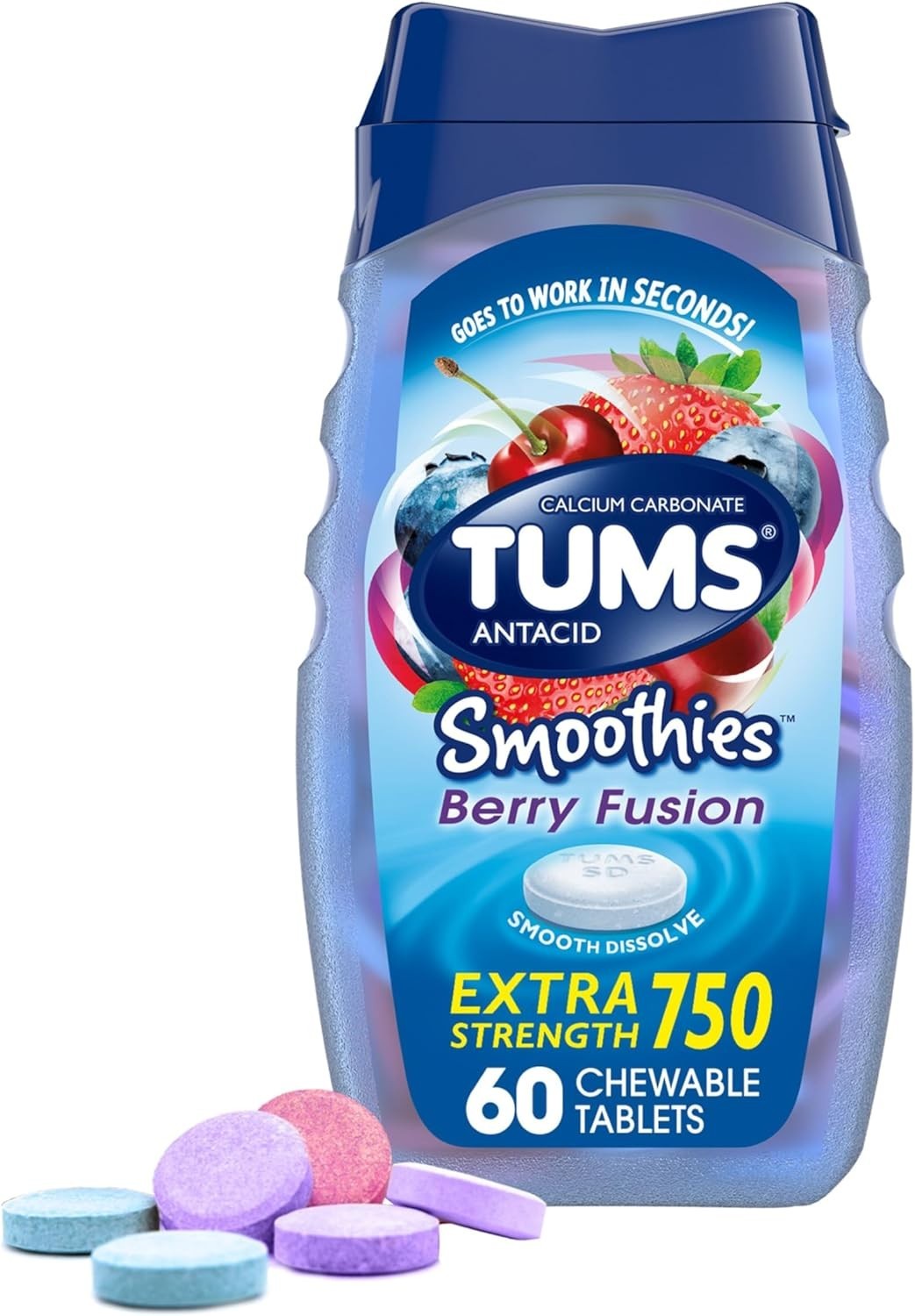 TUMS Smoothies Extra Strength 60 Count Berry Fusion Heartburn Relief Chewables
