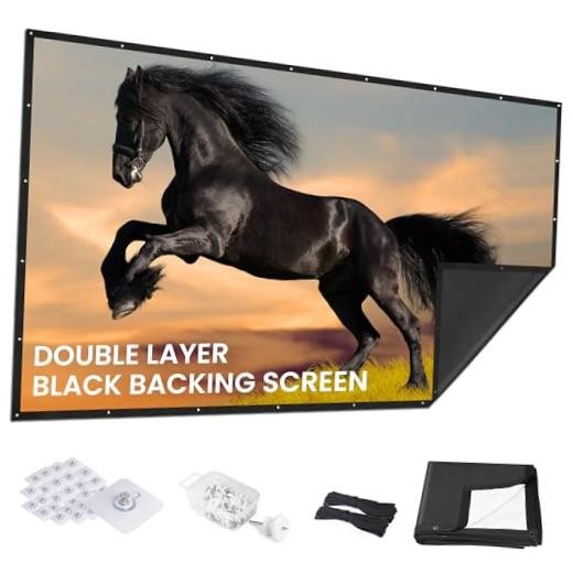 120 inch Projector Screen Upgraded- Black Backing, Straight Edges, Foldable,