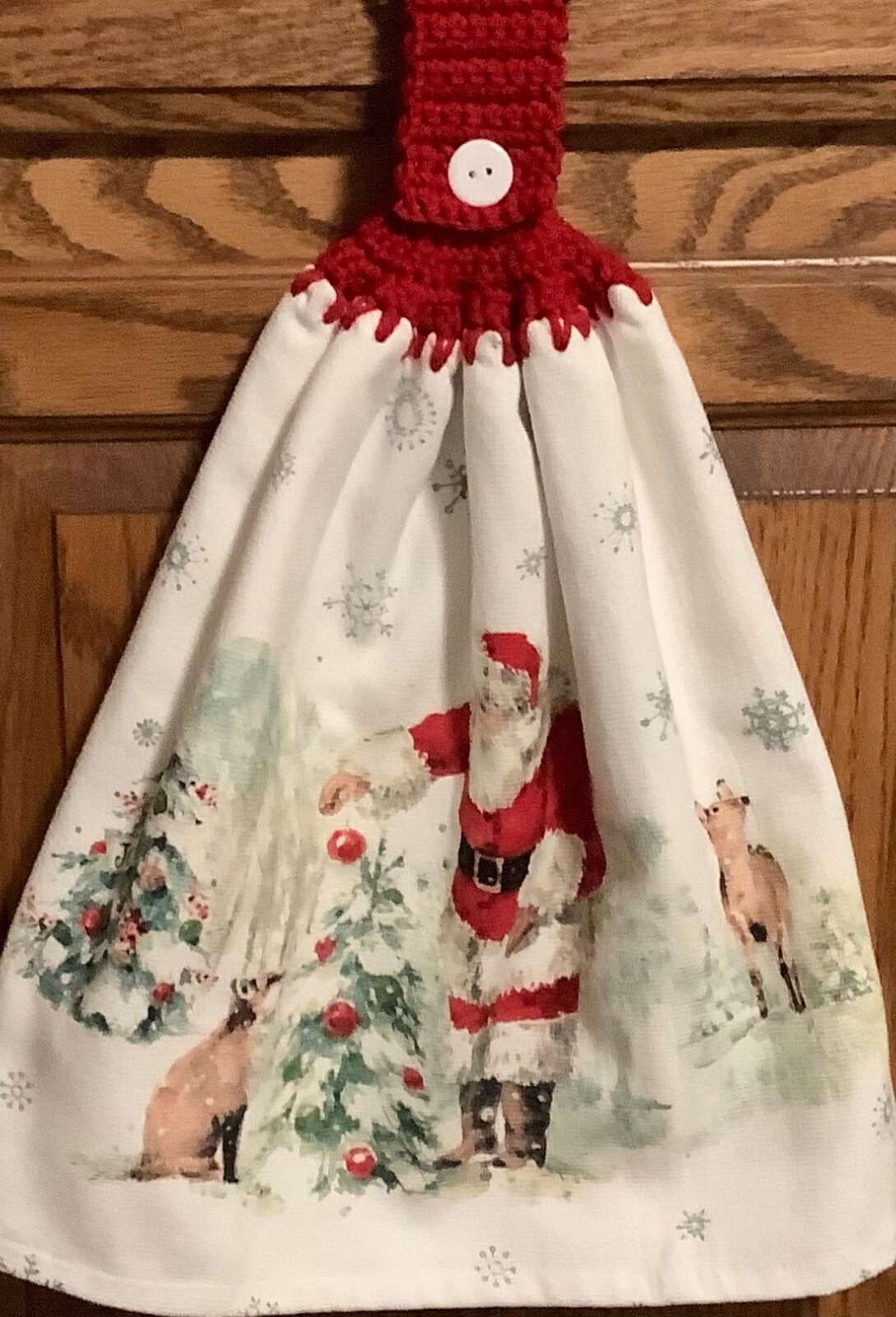 Double  kitchen towel Xmas santa deer dog  forest crocheted red top
