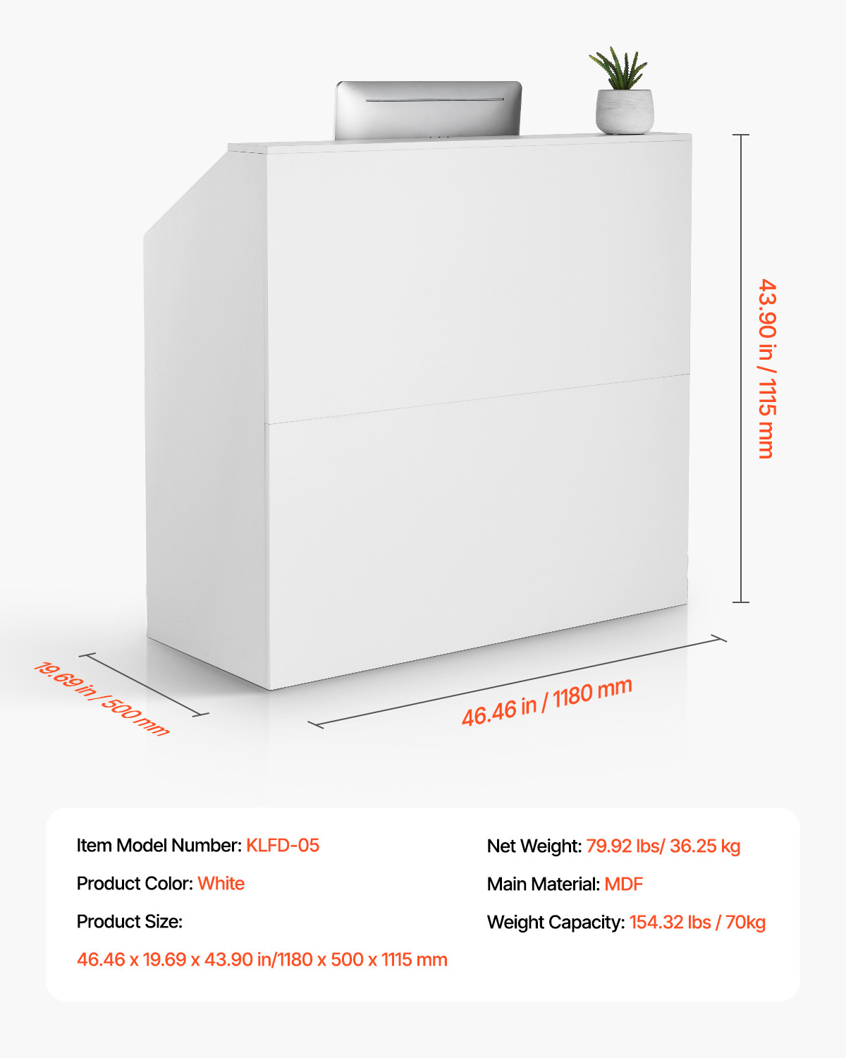Uimoso Reception Desk Rectangular Front Counter Table 46.46in White Office Table