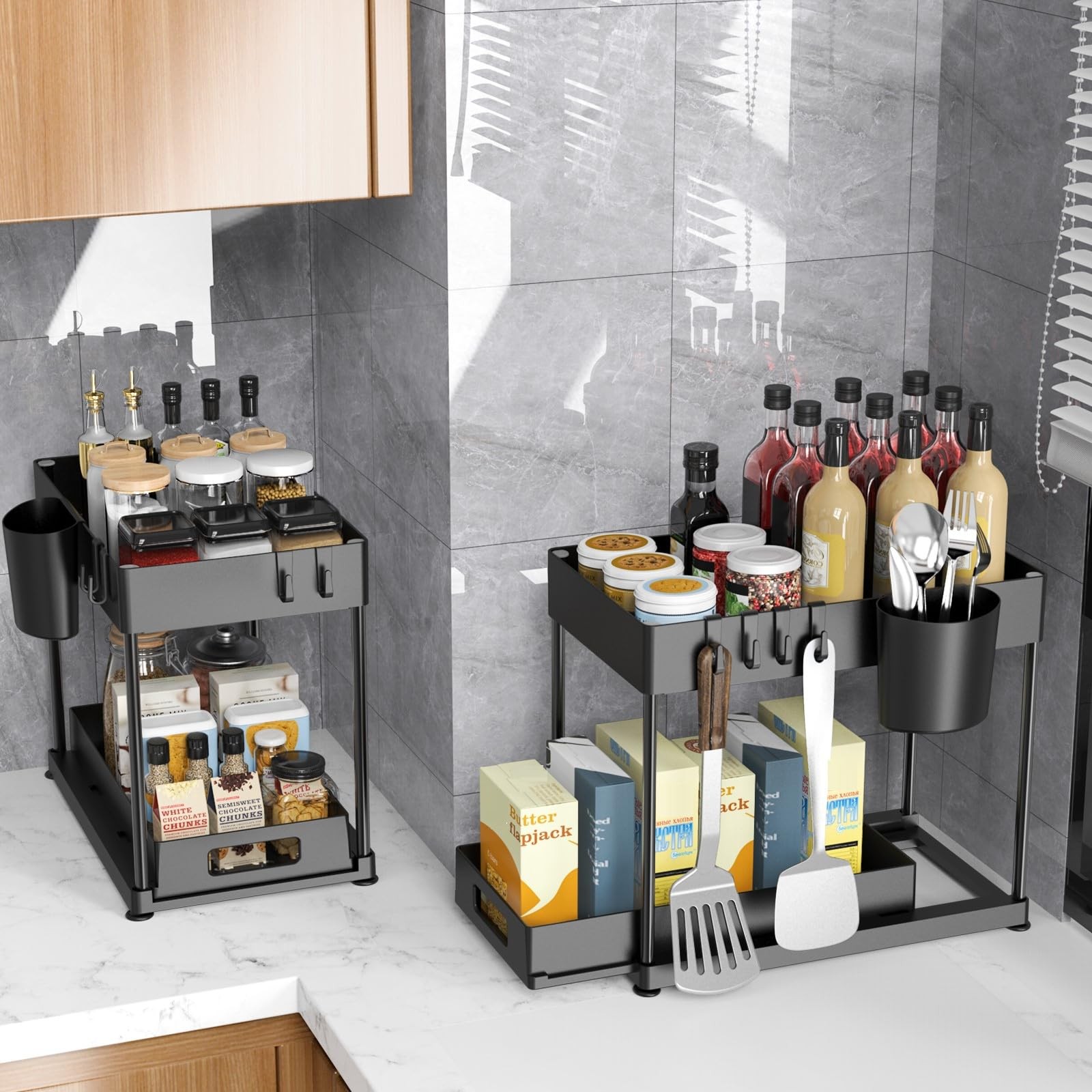 2 Pack Under Sink Organizer with Pull-Out Drawer, Large Single-layer, Black