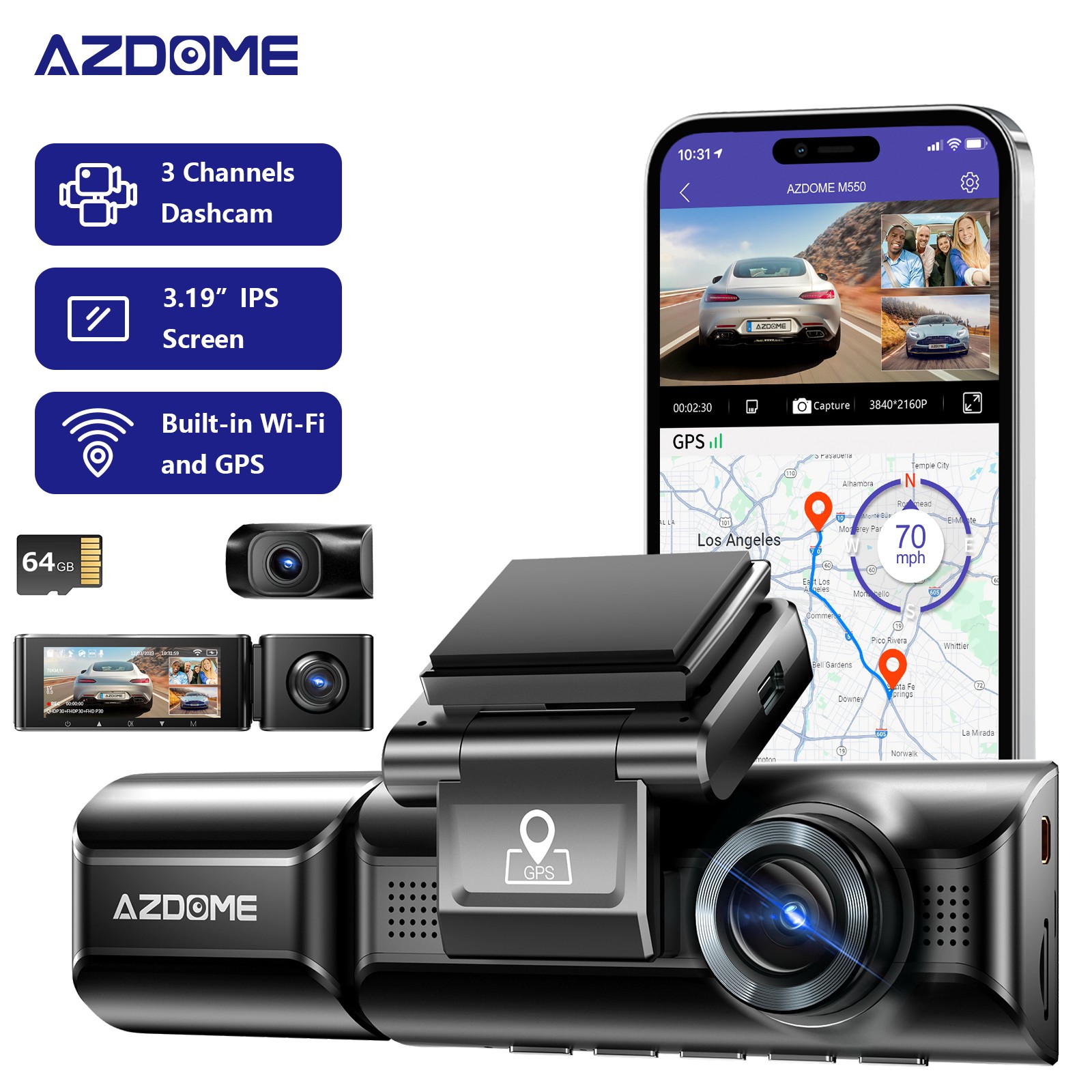 AZDOME 4K Dash Cam Front&Cabin&Rear Wi-Fi GPS Parking Mode G-Sensor 64GB SD Card