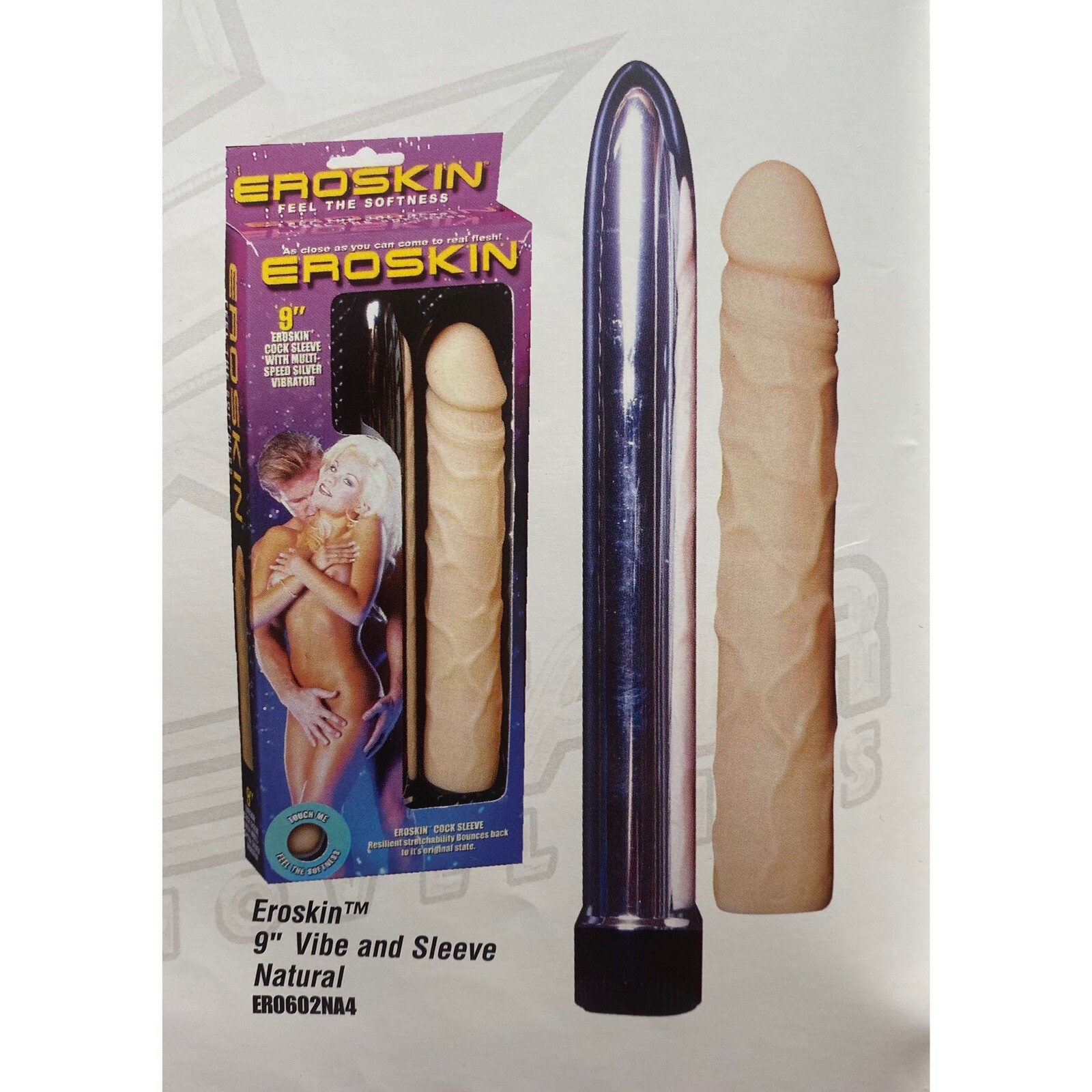 9" Eroskin Cock Sleeve with Huge Multi-Speed Silver Vibrator NIB