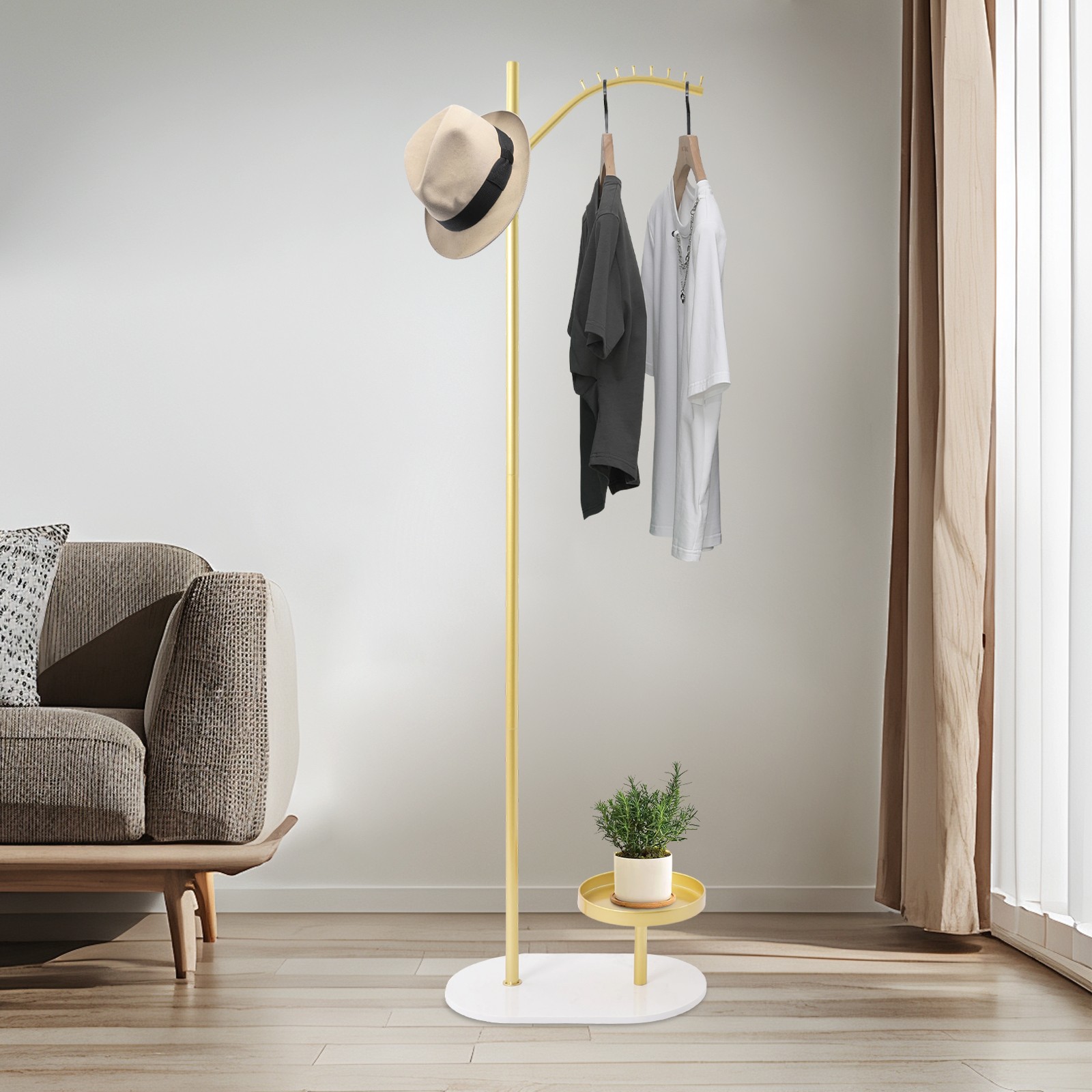 50lbs Load Capacity 8-Hook Standing Clothes Rack With Marble Base, Gold