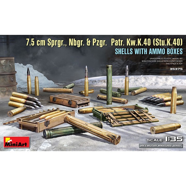 Miniart #35375  1/35 7.5 cm Sprgr., Nbgr. & Pzgr. Patr. Kw K.40(Stu K.40) Shells