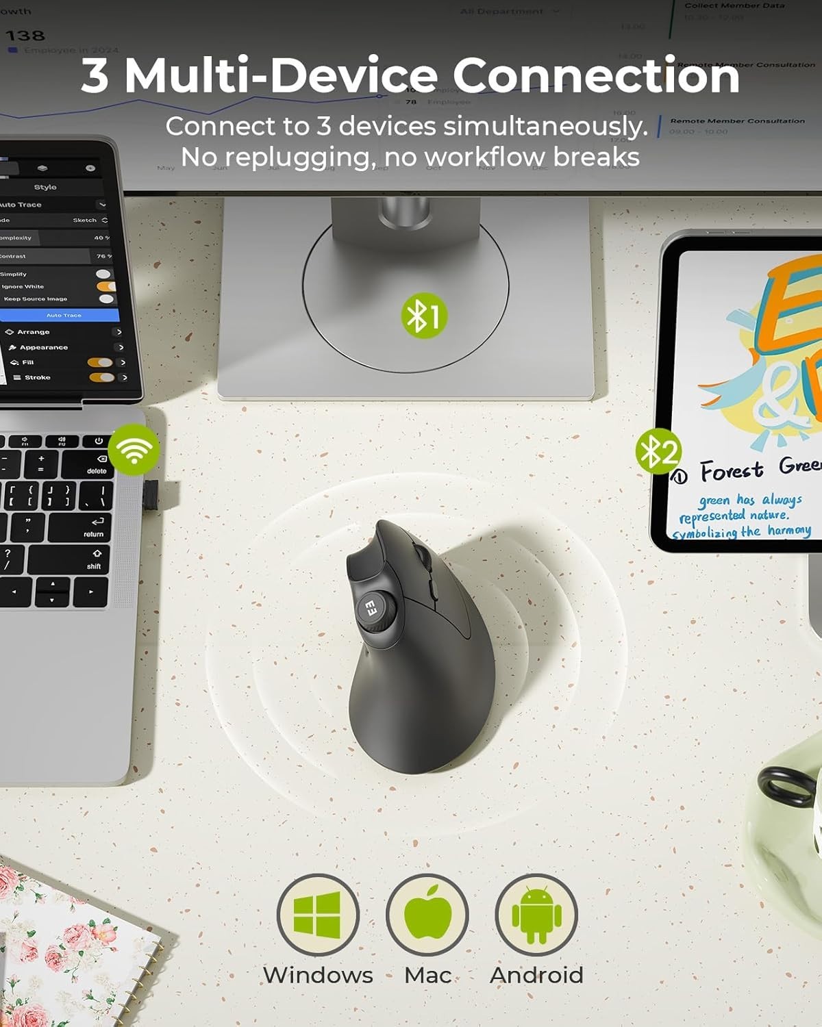 Ergonomic Mouse Wireless, MOU-302 Bluetooth Vertical Mouse Rechargeable, Volu...