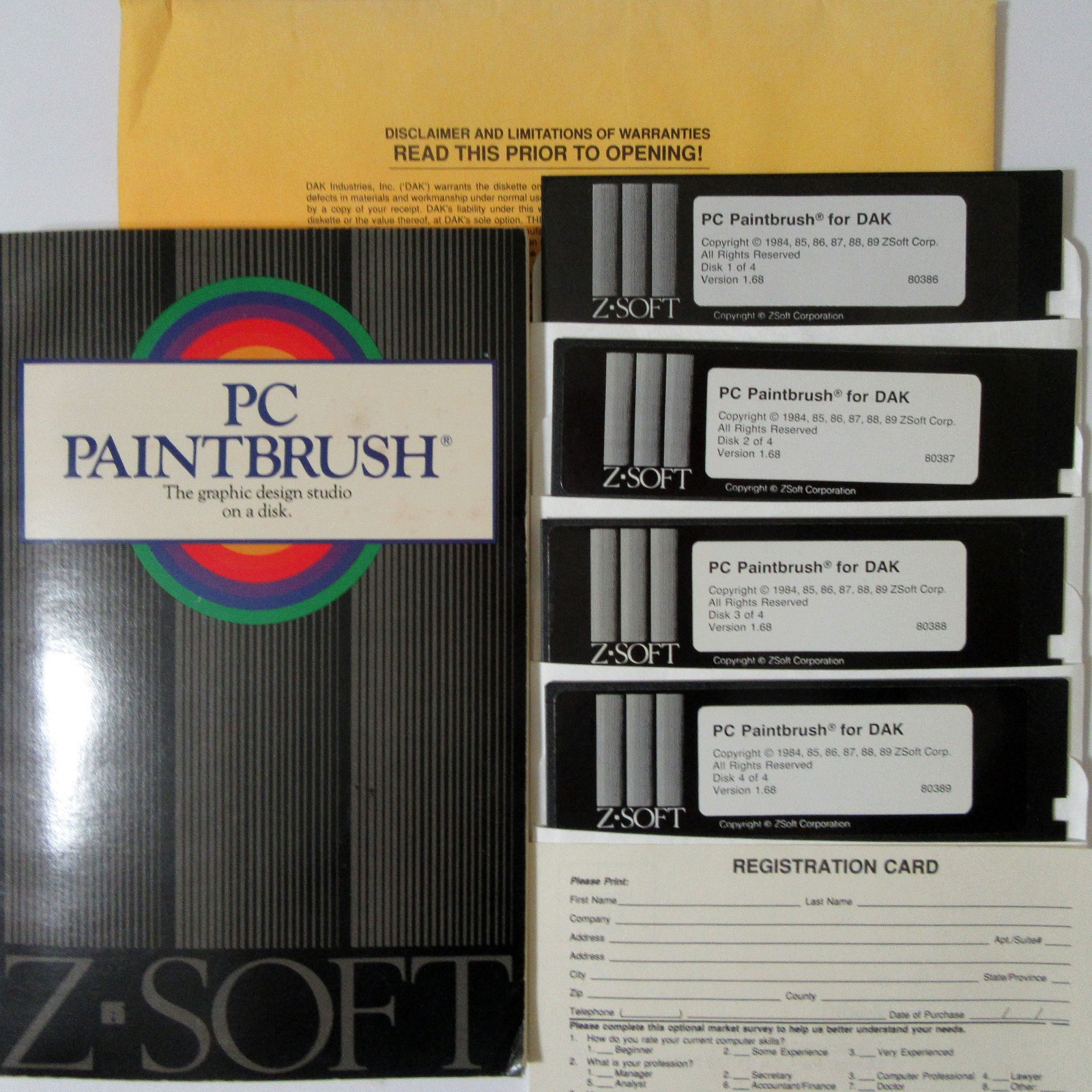 PC PAINTBRUSH ® 1.68 For DAK © 1989 Z-Soft On Four (4) 5.25" Floppies - New