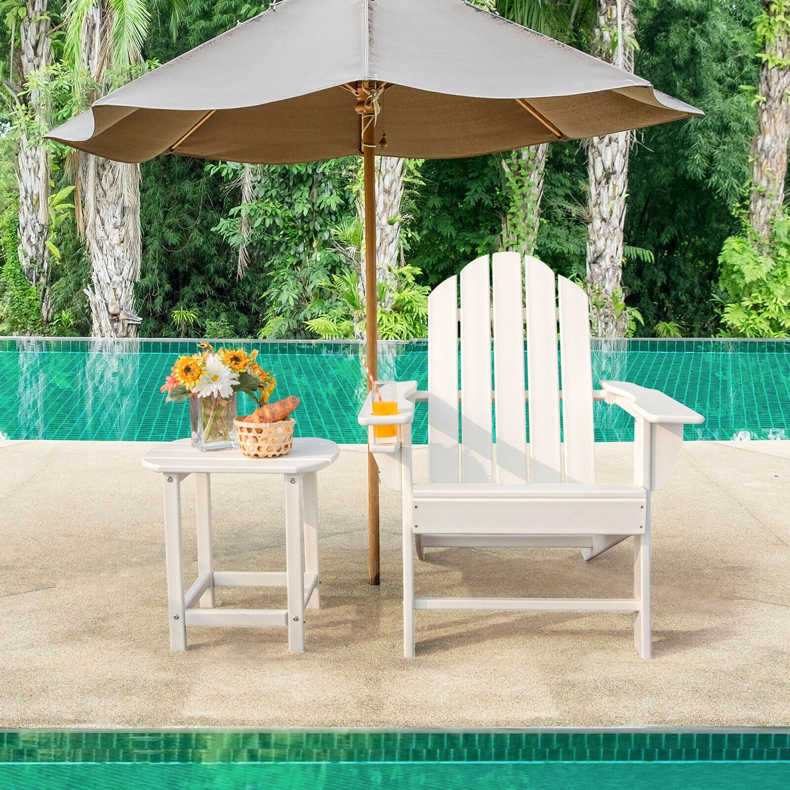2PC Patio Folding Adirondack chair Side Table Cup Holder Poolside White
