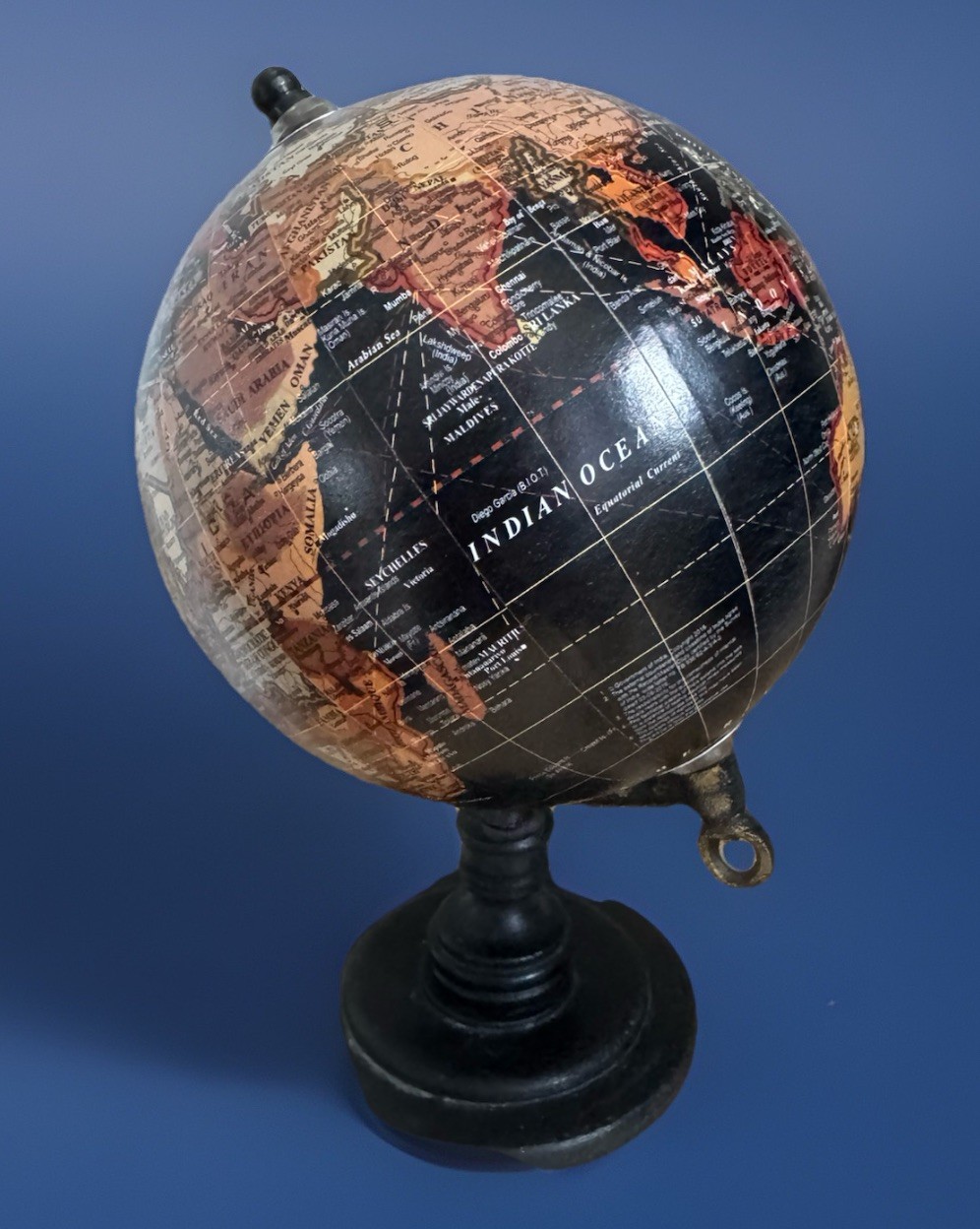 Decorative Table Top Spinning Globe W/ Black Details Measures 8” Tall