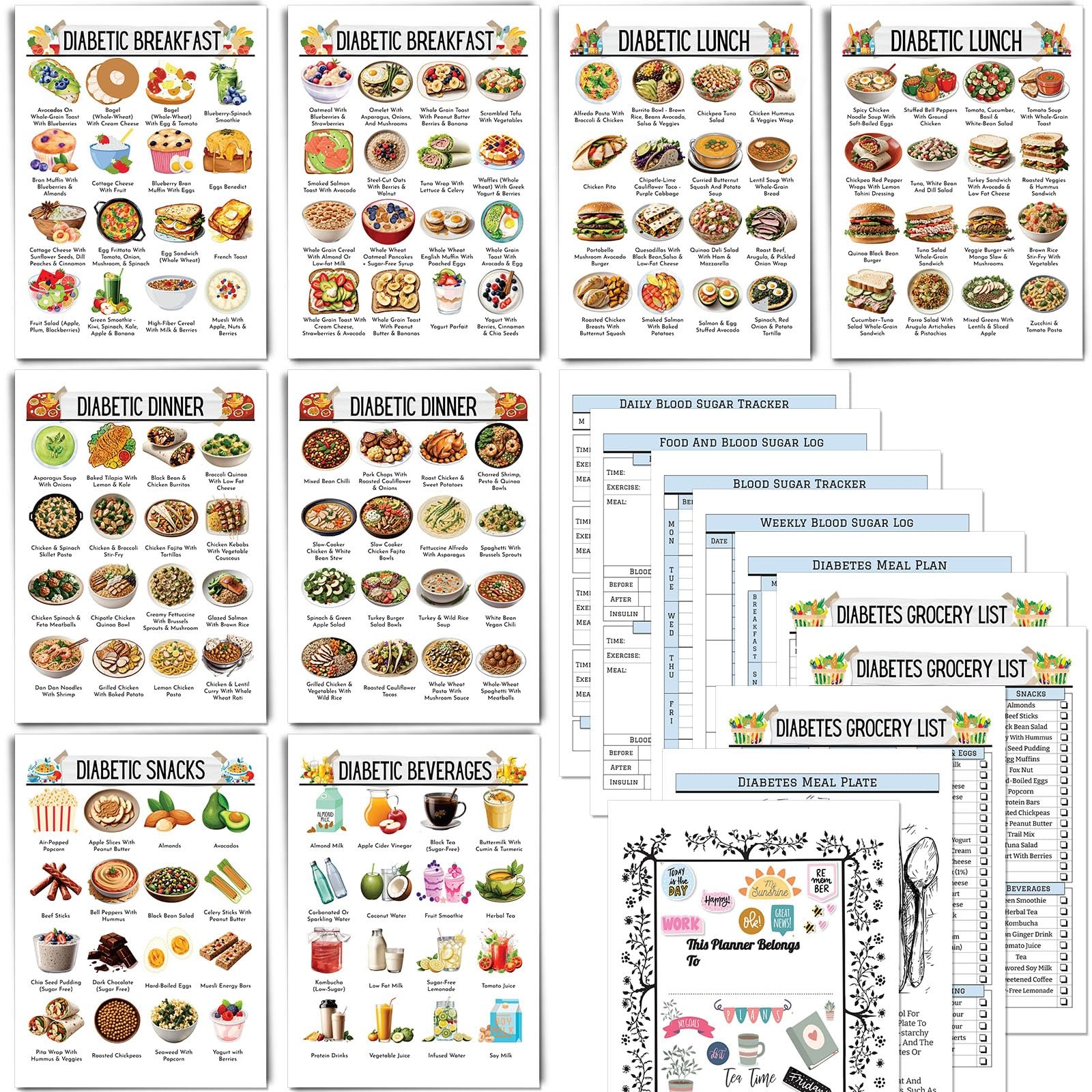 18 PCS Diabetic Food List and Meal Planner â€“ Laminated Diabetes Meal Chart ...