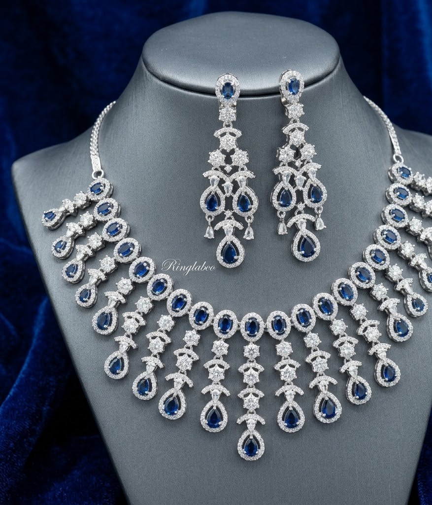 Silver CZ Necklace Earrings Set Indian Bridal Wedding AD Jewelry gift