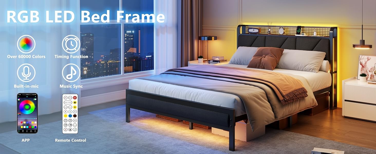 Full Size Bed Fre with Headboard and Stora Shelf, LED Light