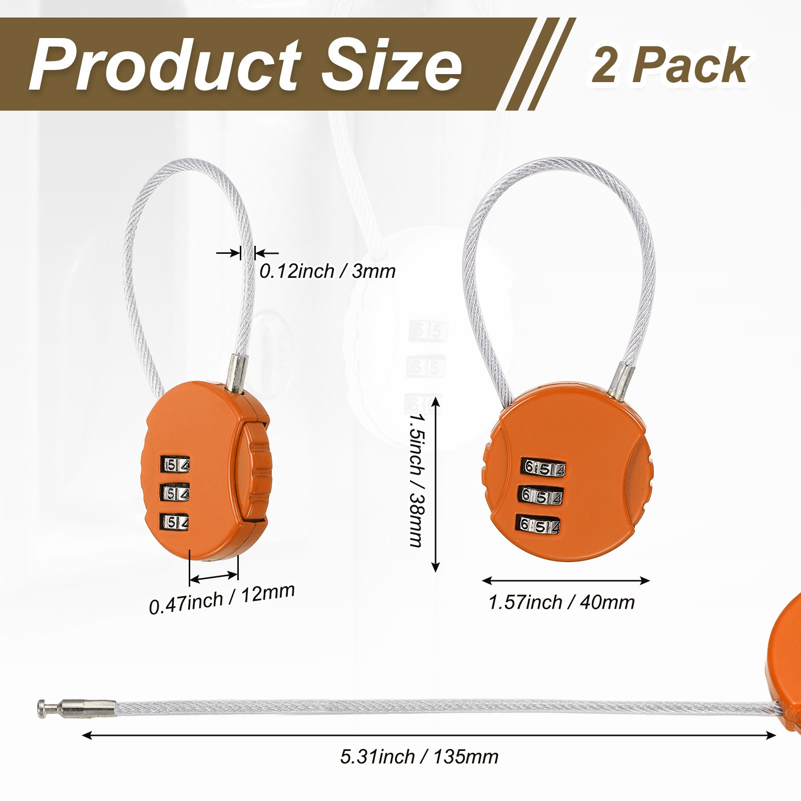 2-Pack Combination Padlock, 3 Digit Round Shaped Cable Luggage Lock [Orange]