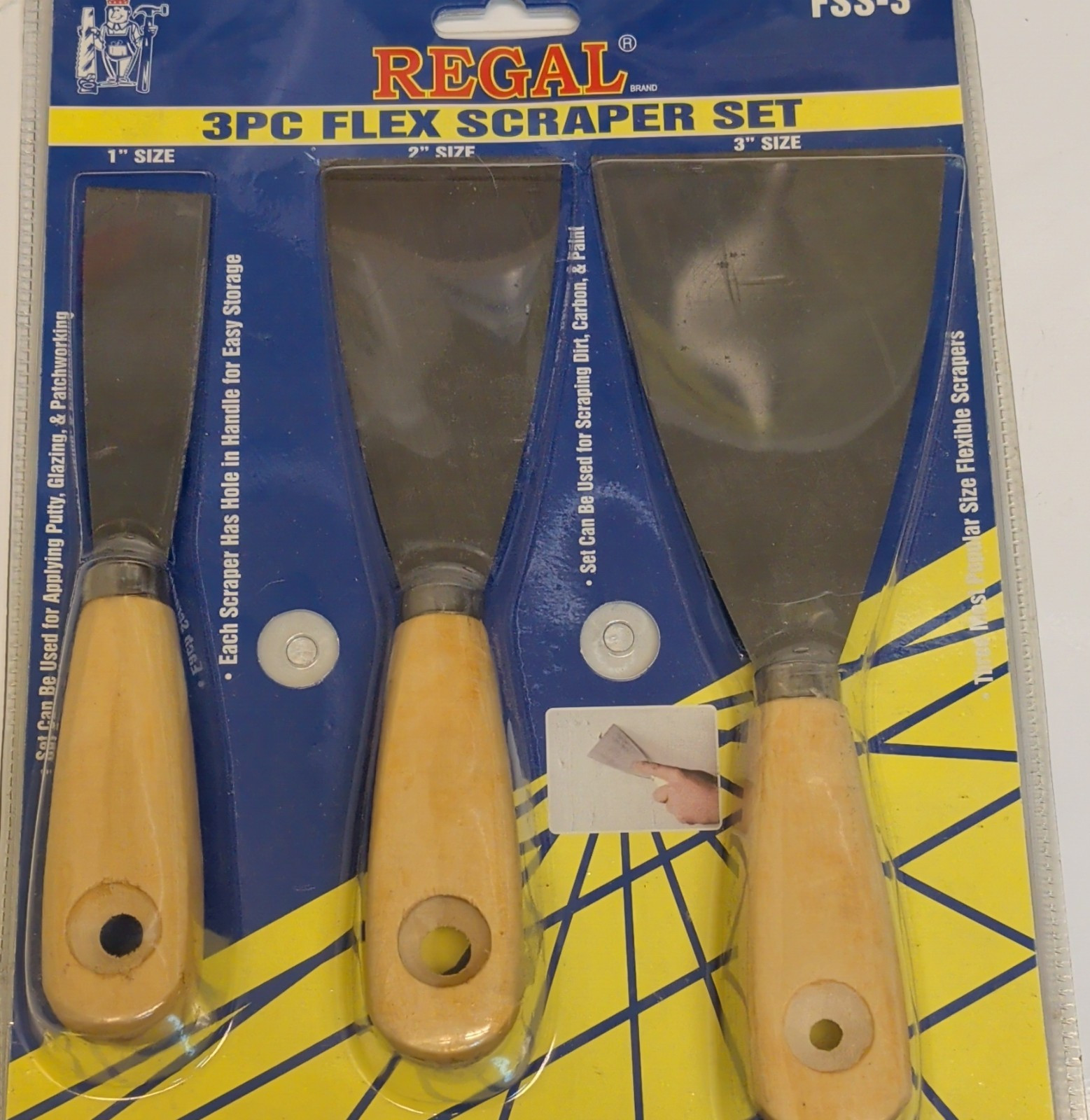 Regal FSS-3 3-Pc Flex Scraper Set Metal Blades 1in 2in 3in Silver/Wood