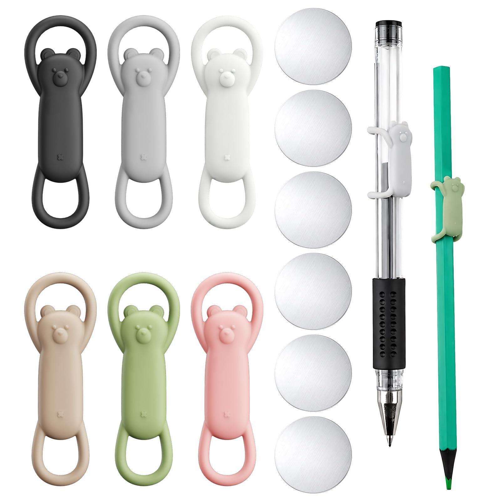 LUSTRIB 6 Pack Bear Magnetic Pen Holder, Silicone Adjustable Pencil Holder wi...