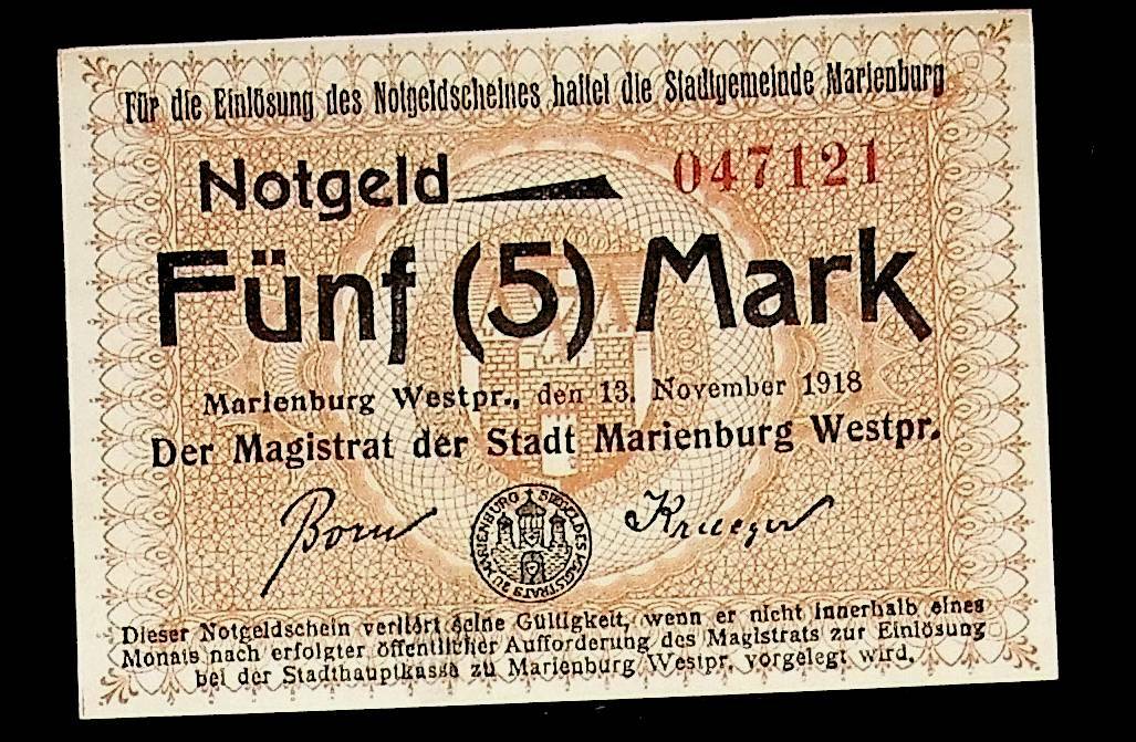 1918 Germany MARIENBURG 5 Mark Banknote / Notgeld UNCIRCULATED