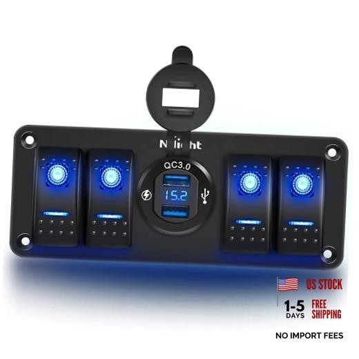 4 Gang Rocker Switch Panel with USB Charger Voltmeter Waterproof 12V-24V DC