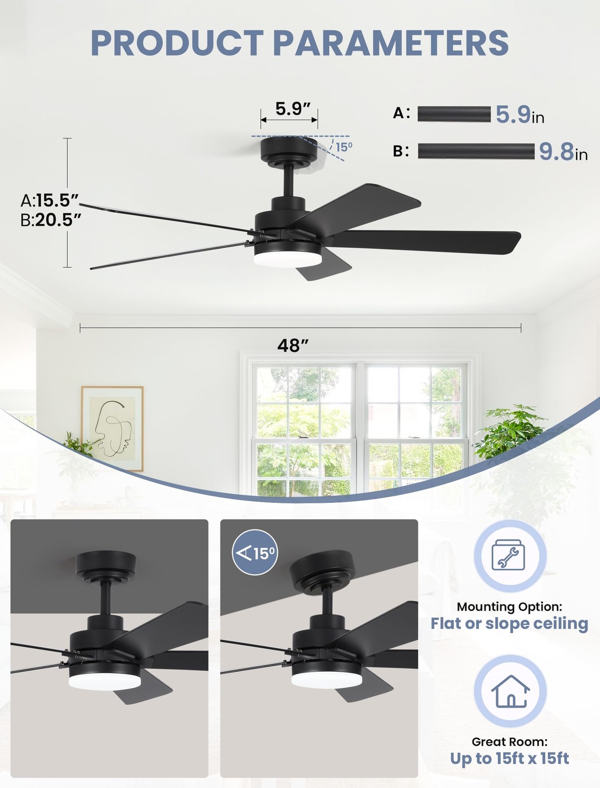 Dolavast 48 Inch Ceiling Fan with Lights and Remote, Downrod Mount, Sloped Ce...