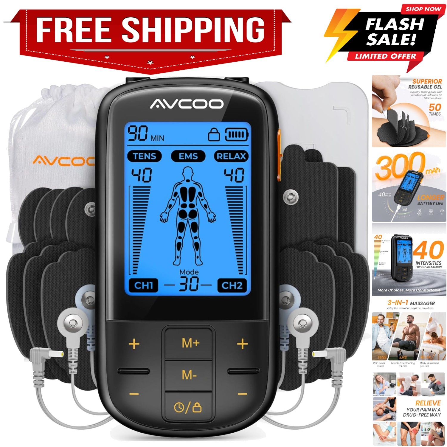 3-in-1 TENS Unit Muscle Stimulator with 30 Modes, 40 Intensities TENS Machine...