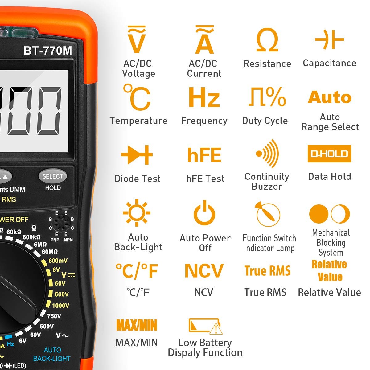 Digital Multimeter TRMS 6000 Count, Medium, AC/DC 20A & Mechanical Block 770M
