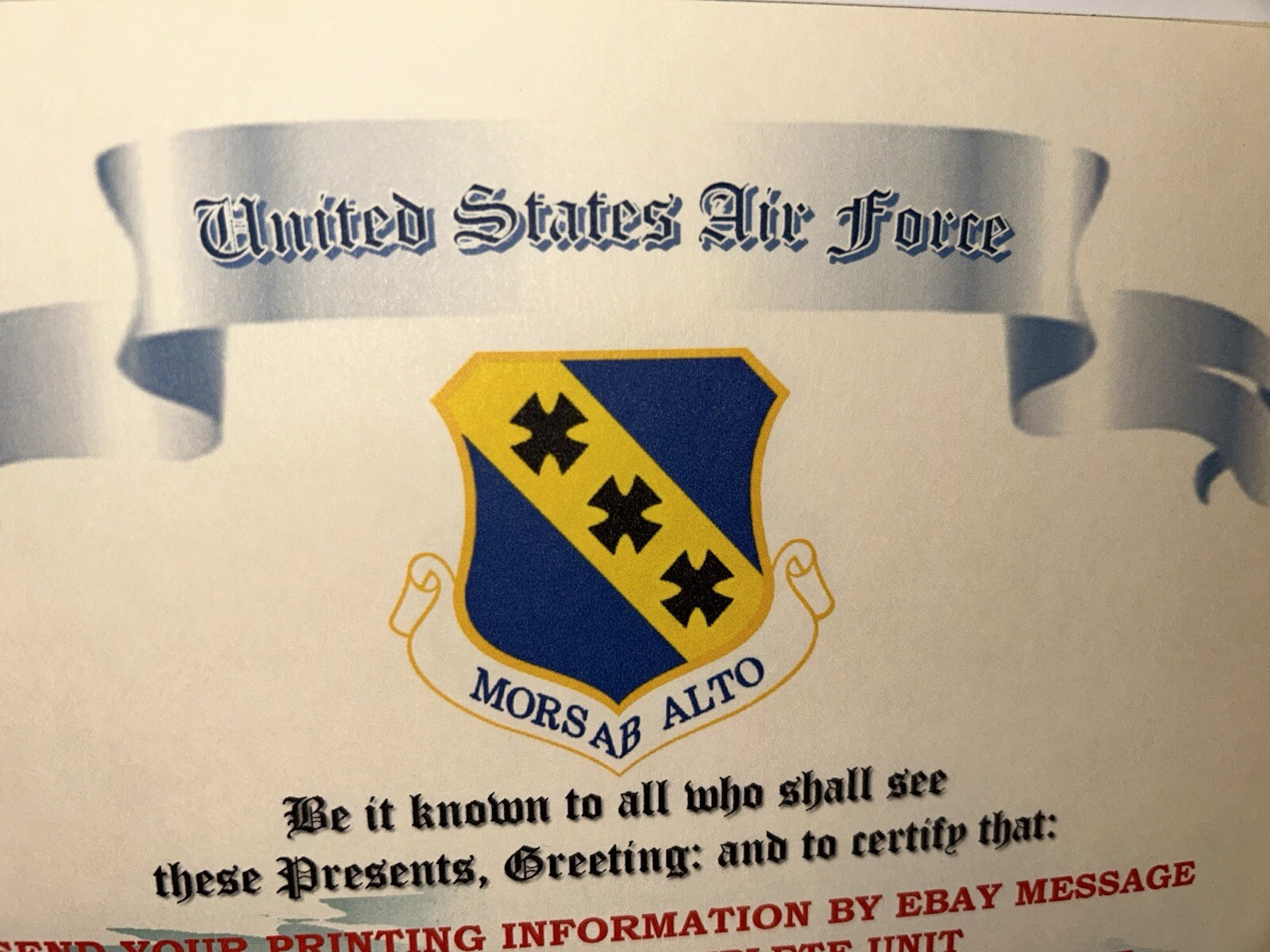 U.S.A.F. / AIR FORCE 7TH BOMB WING - CERTIFICATE OF ACHIEVEMENT