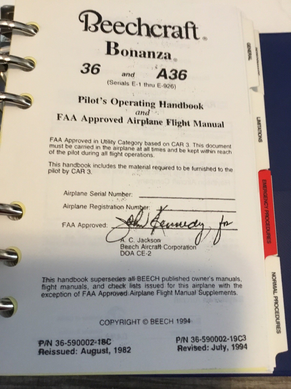 Bonanza 36/A36 PILOT’S OPERATING HANDBOOK, Serials E-1 thru E-926 FAA Approved