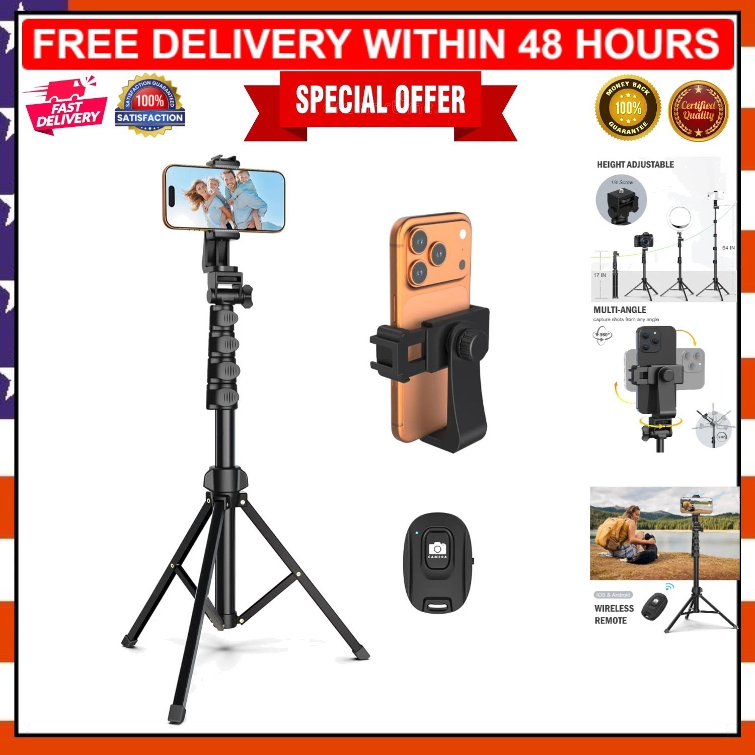 64” Adjustable Tripod with Remote for Cell Phone & Camera - Sturdy & Stable