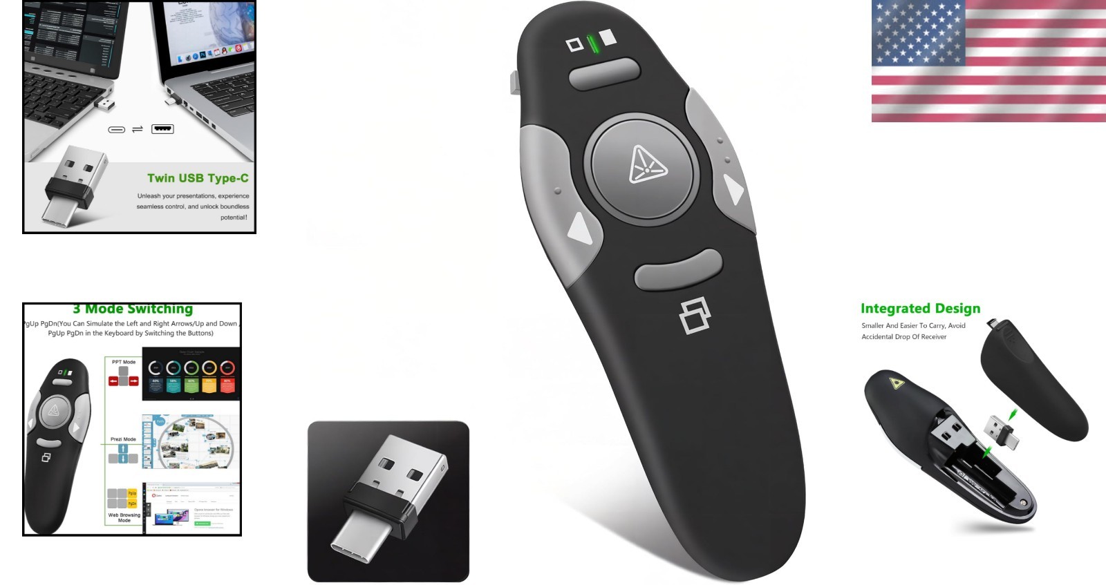 Ergonomic 2-in-1 USB & Type C Wireless Presenter - 100m Range, PowerPoint Ready