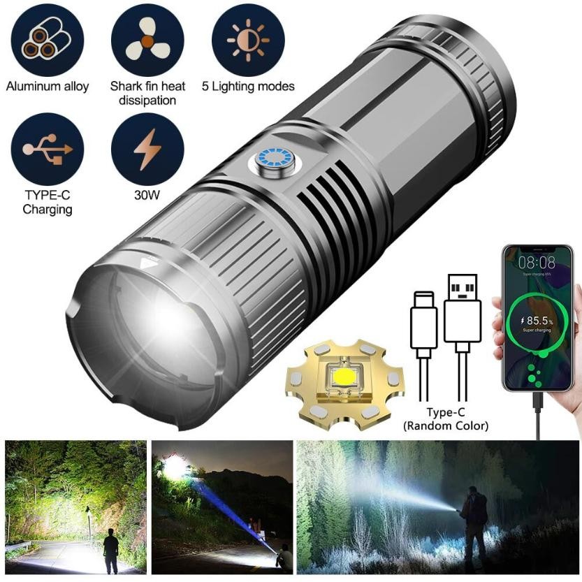30000LM LEP Flashlight Strong LASER Work Light Torch Zoom USB Rechargeable 30W