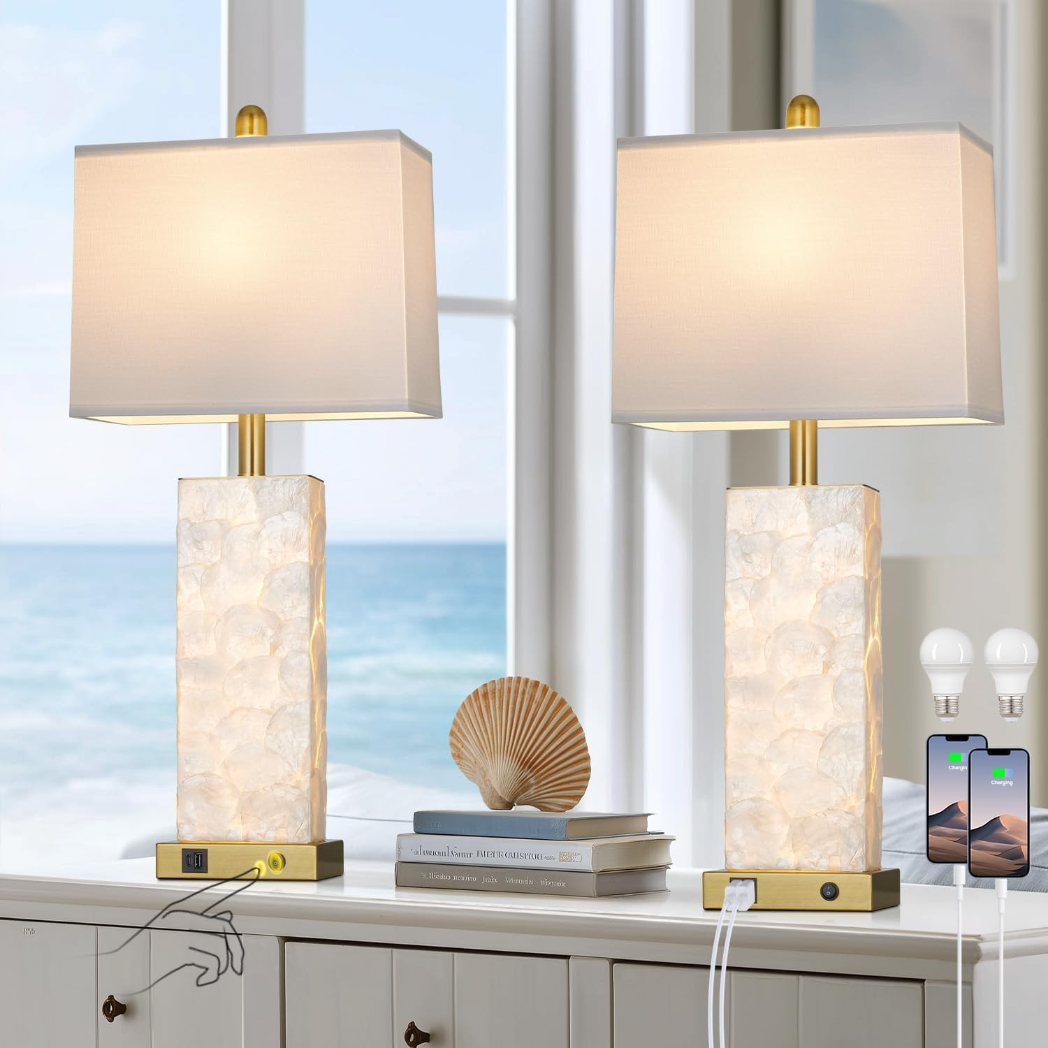 28" Coastal Table Lamps for Living Room Set of 2, Bedside Lamps with Night Light