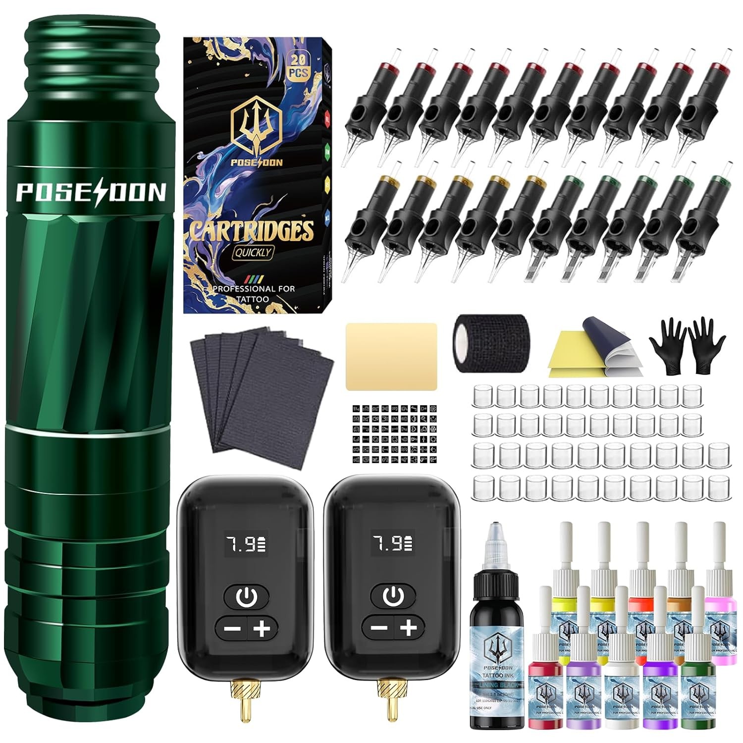 POSEIDON Tattoo Kit Gun with 2Pcs 1500mAh Battery Multicolor