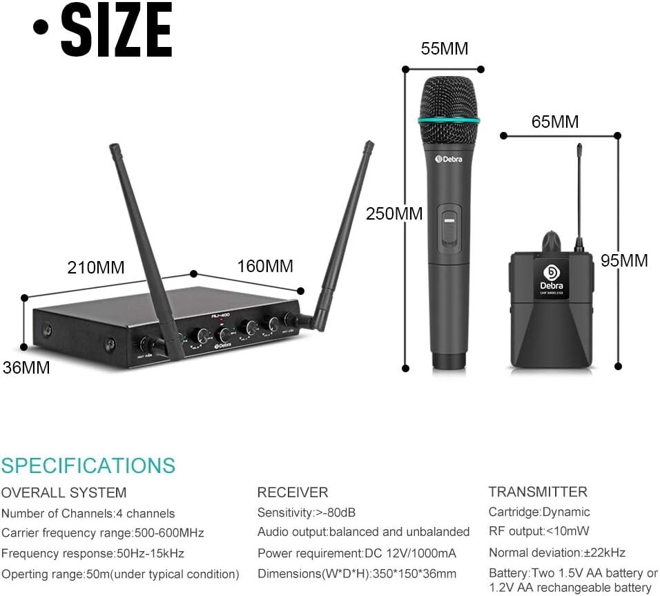 Debra Audio Pro UHF 4 Channel Wireless with 2 Handheld & 2 Bodypack (A)