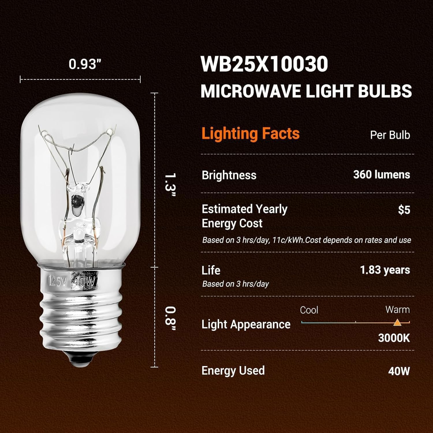Microwave Light Bulb - Fits GE, Whirlpool & More - 125V 40W, E17 Base, 2 Pack