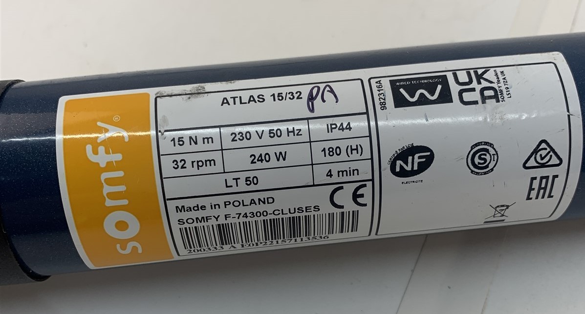 Somfy ATLAS 15/32 LT50 Tubular Motor 15Nm 32rpm 230V Roller Shutter Awning Blind