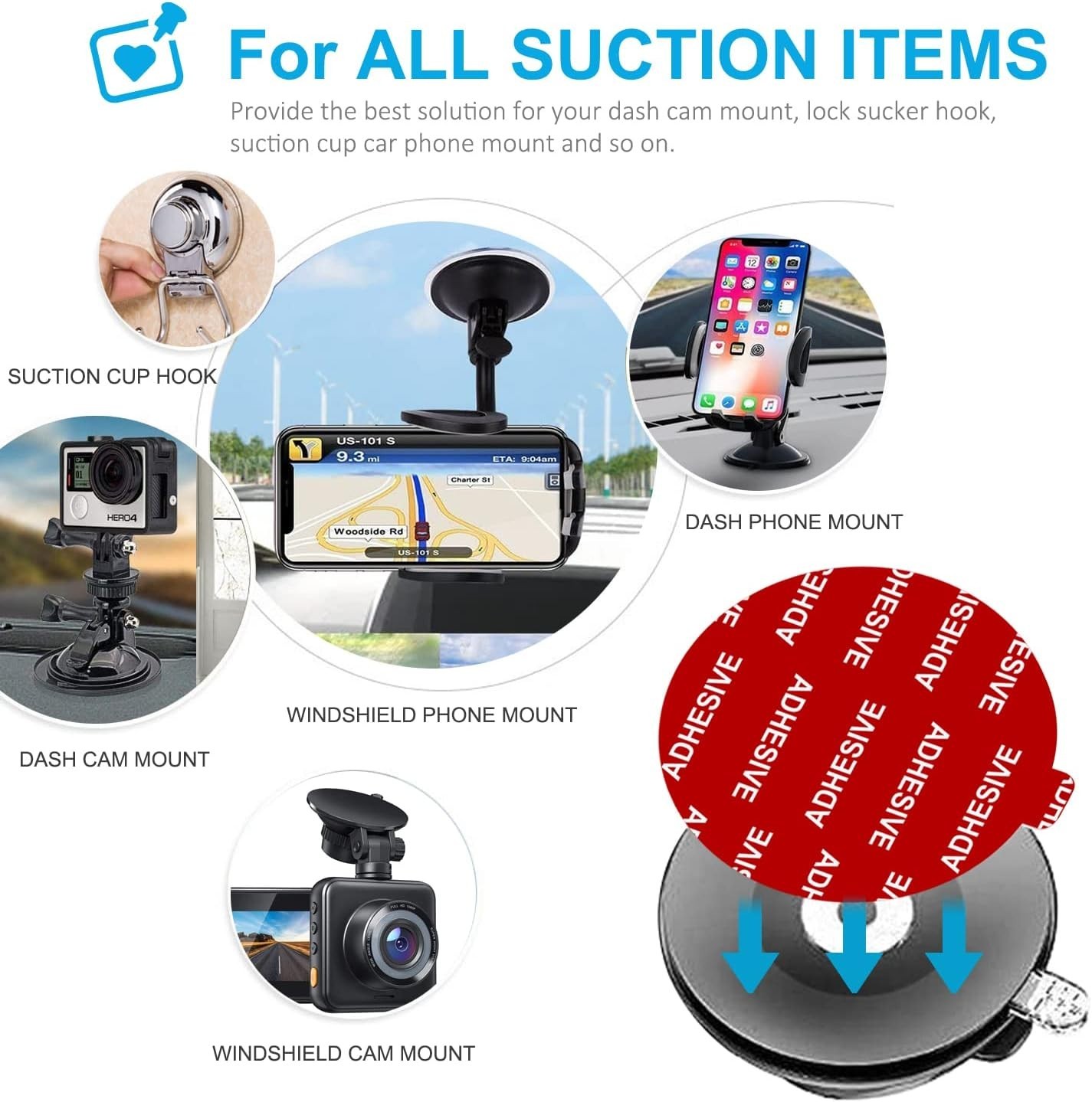 6-Pack Double-Sided Adhesive Pads for Suction Cup Mounts - Car & Dashboard Use