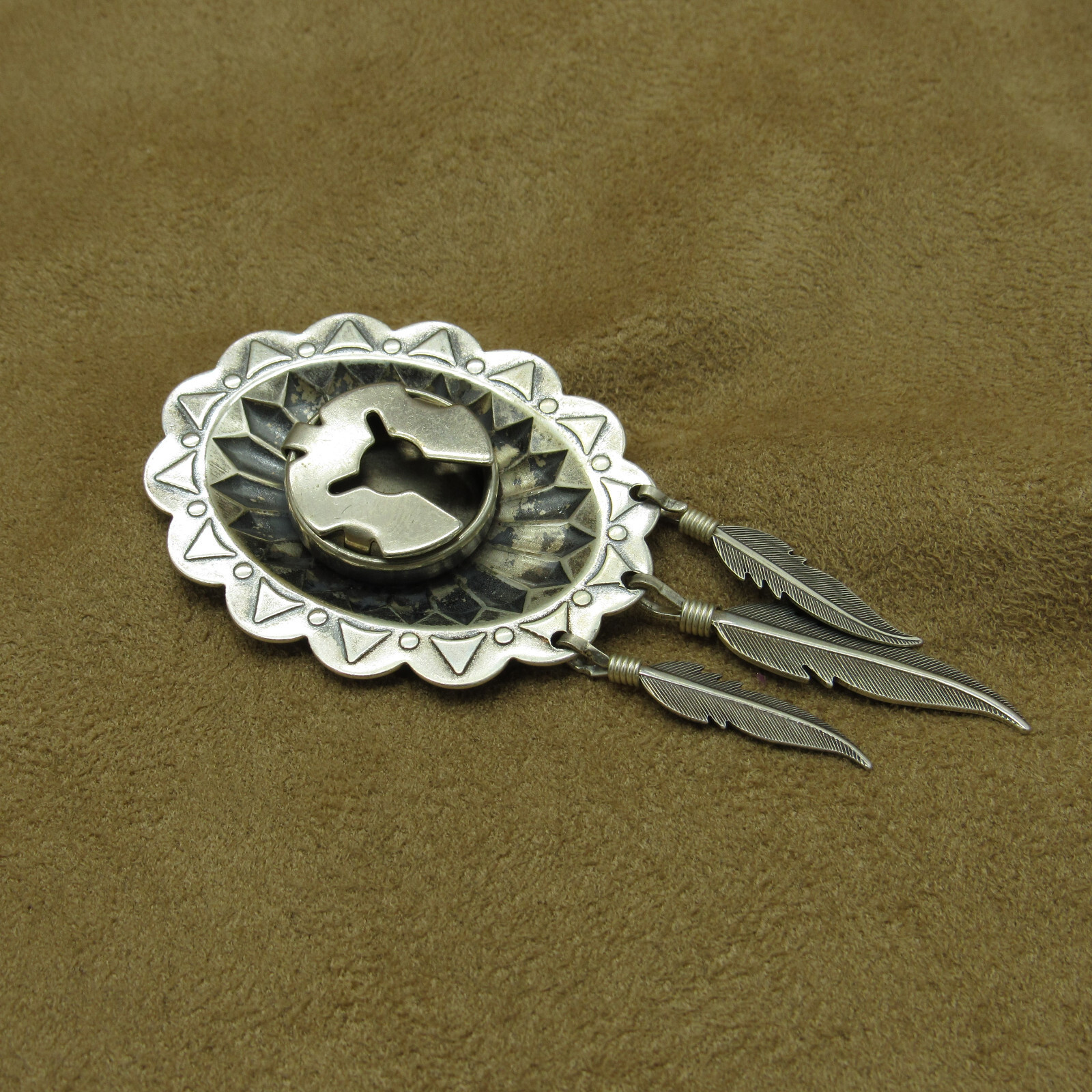 Sterling Silver Concho Button Cover With Dangling Silver Feathers
