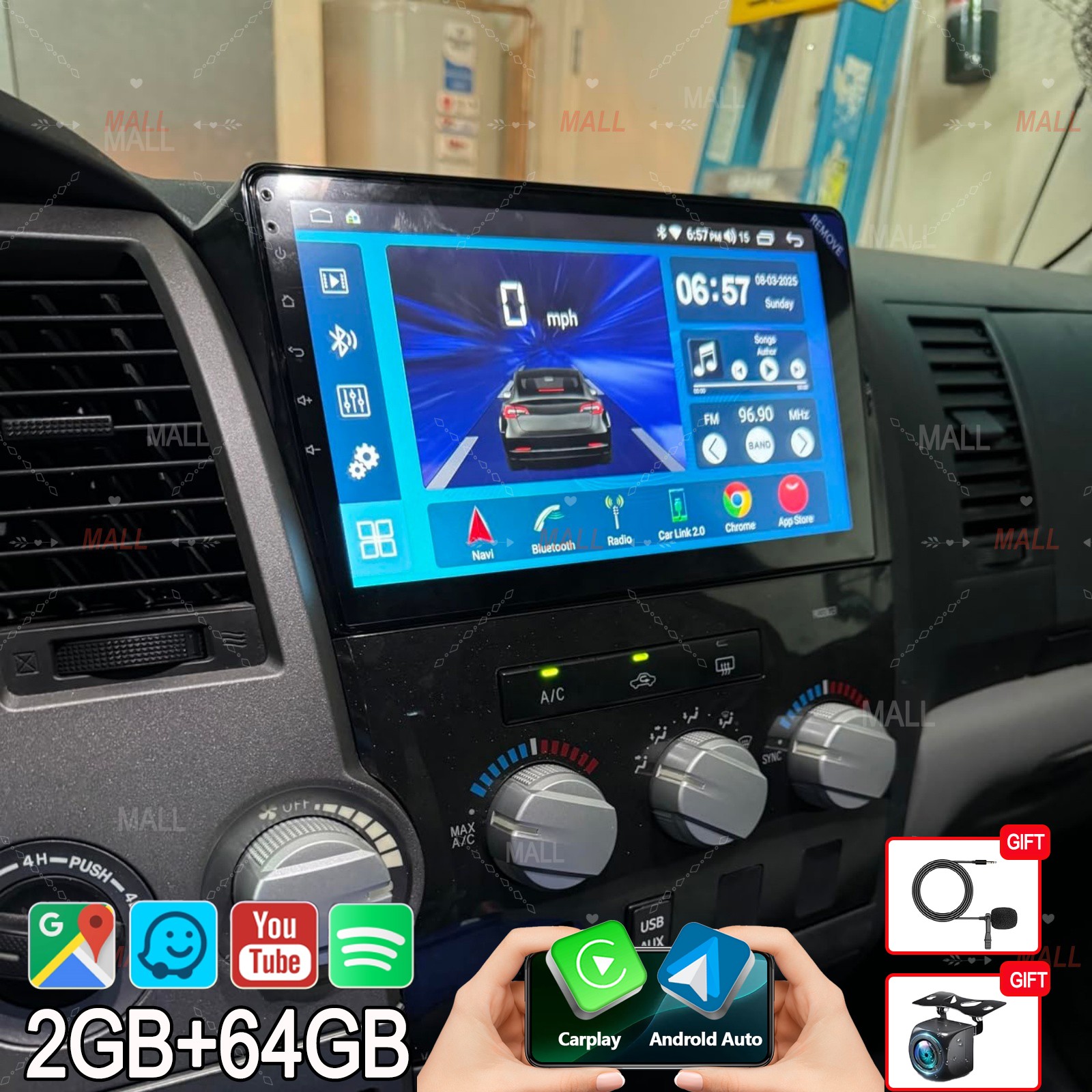Stereo Radio For Toyota Tundra 07-13 Sequoia 08-19 Carplay Android15 Sat Nav 64G