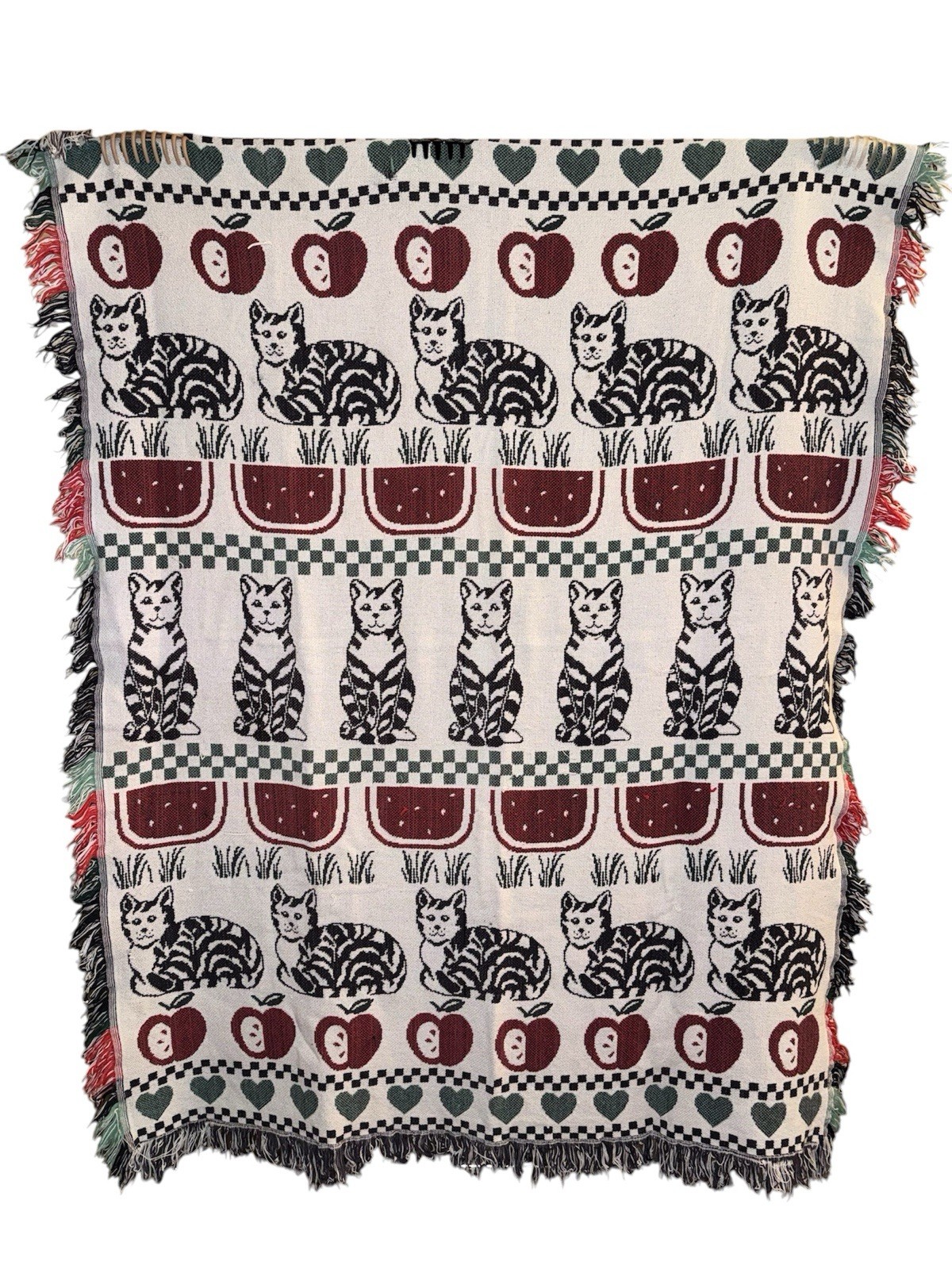 Pat Meyers Reversible Whimsical Cats Apples Hearts Woven Throw Blanket 56x42 VTG