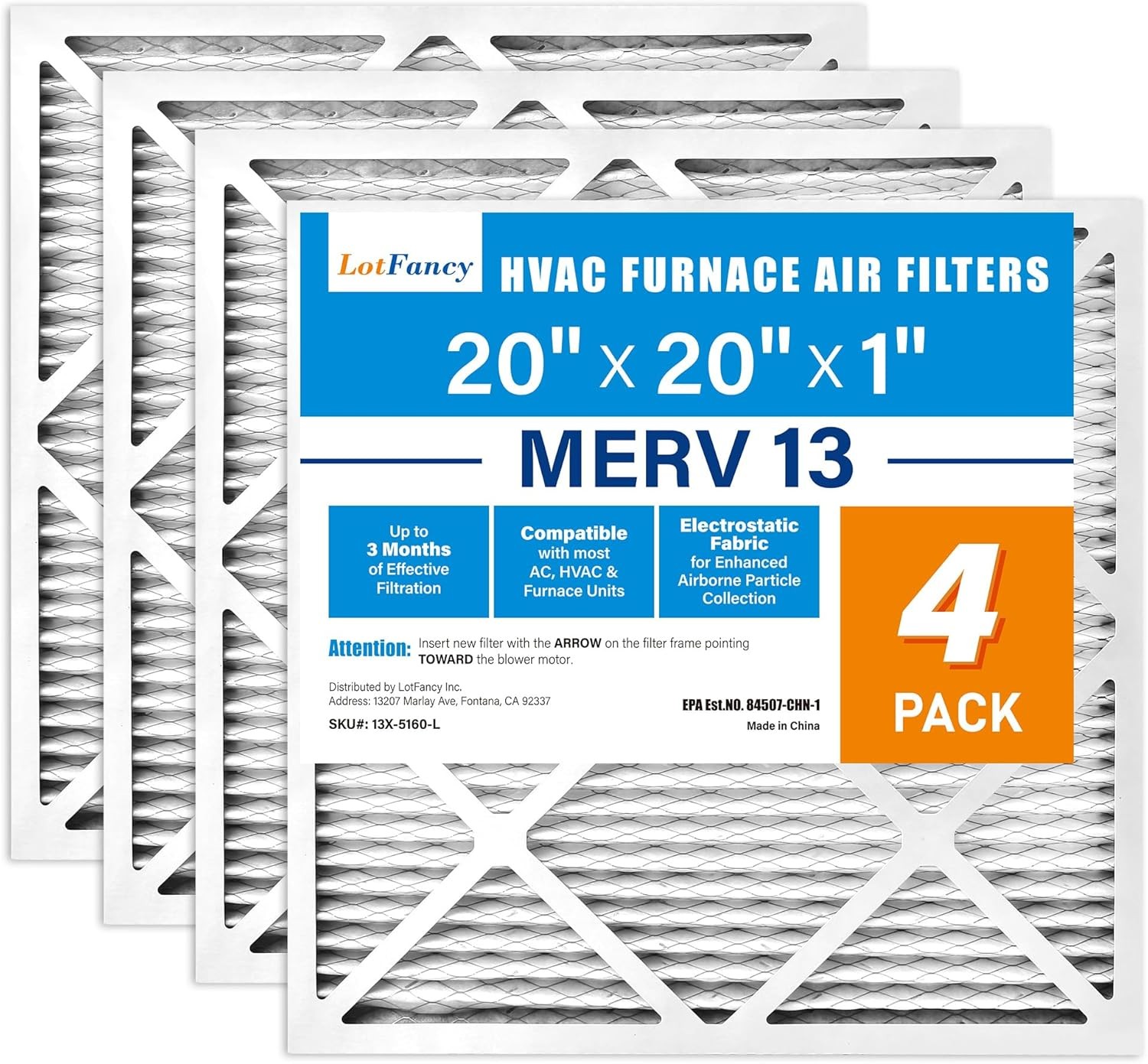 4 Pack 20x20x1 Air Filter MERV 13 Electrostatic Pleated HVAC Furnace Air Filter