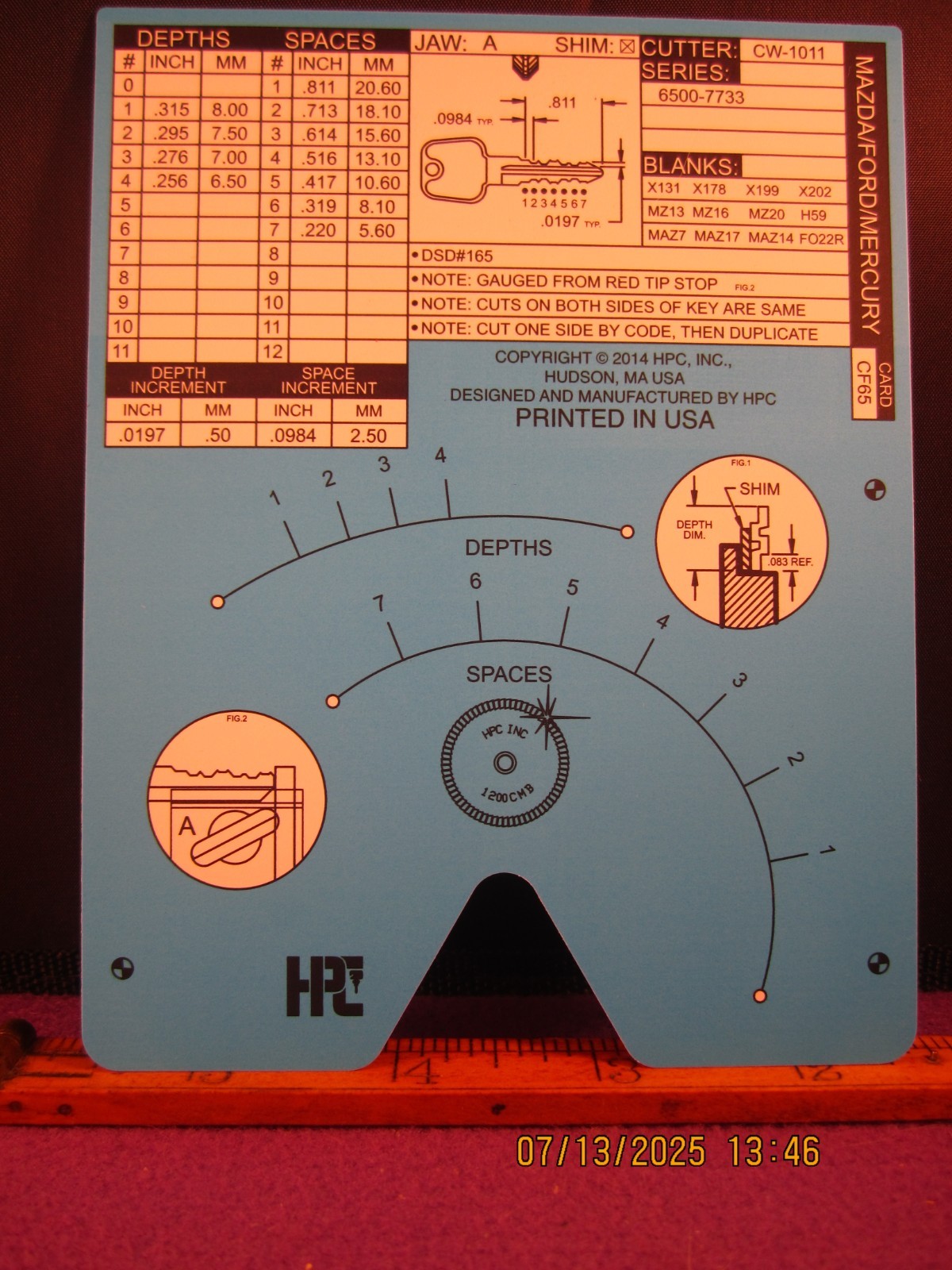 HPC 1200 BLITZ KEY CODE CARD CF 65  ( MAZDA FORD MERCURY ) BRAND NEW